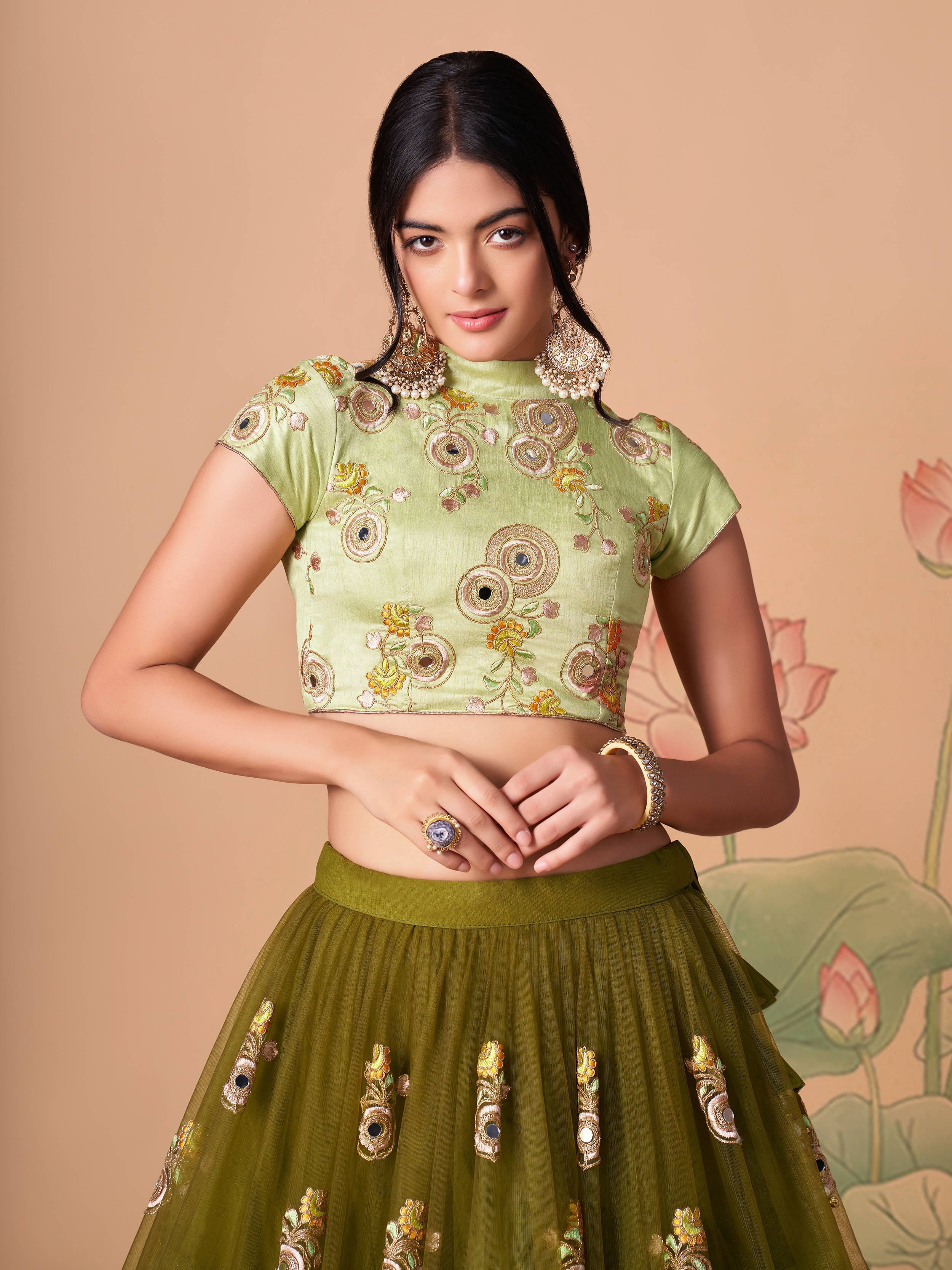 Olive Gorgeous Embroidered Net Wedding Lehenga Choli