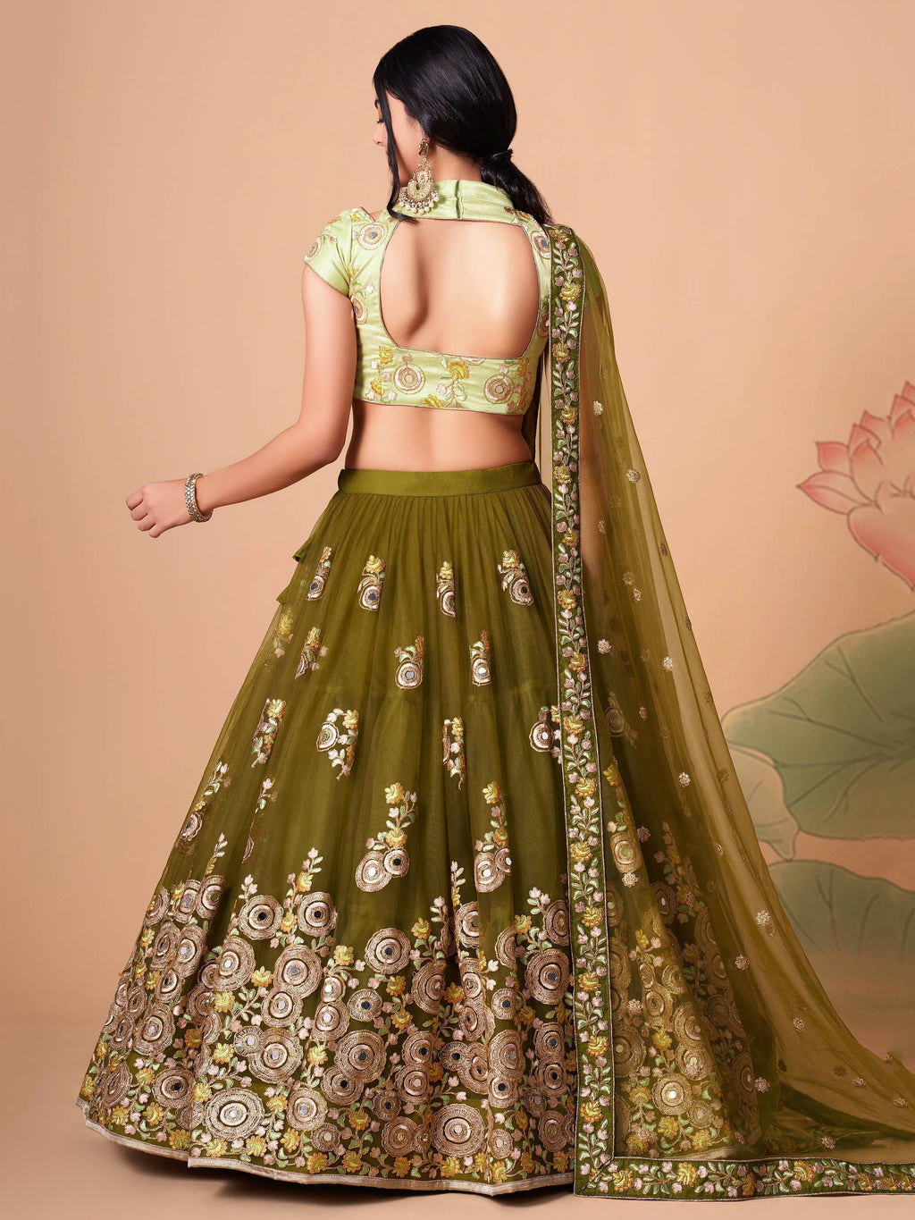 Olive Gorgeous Embroidered Net Wedding Lehenga Choli