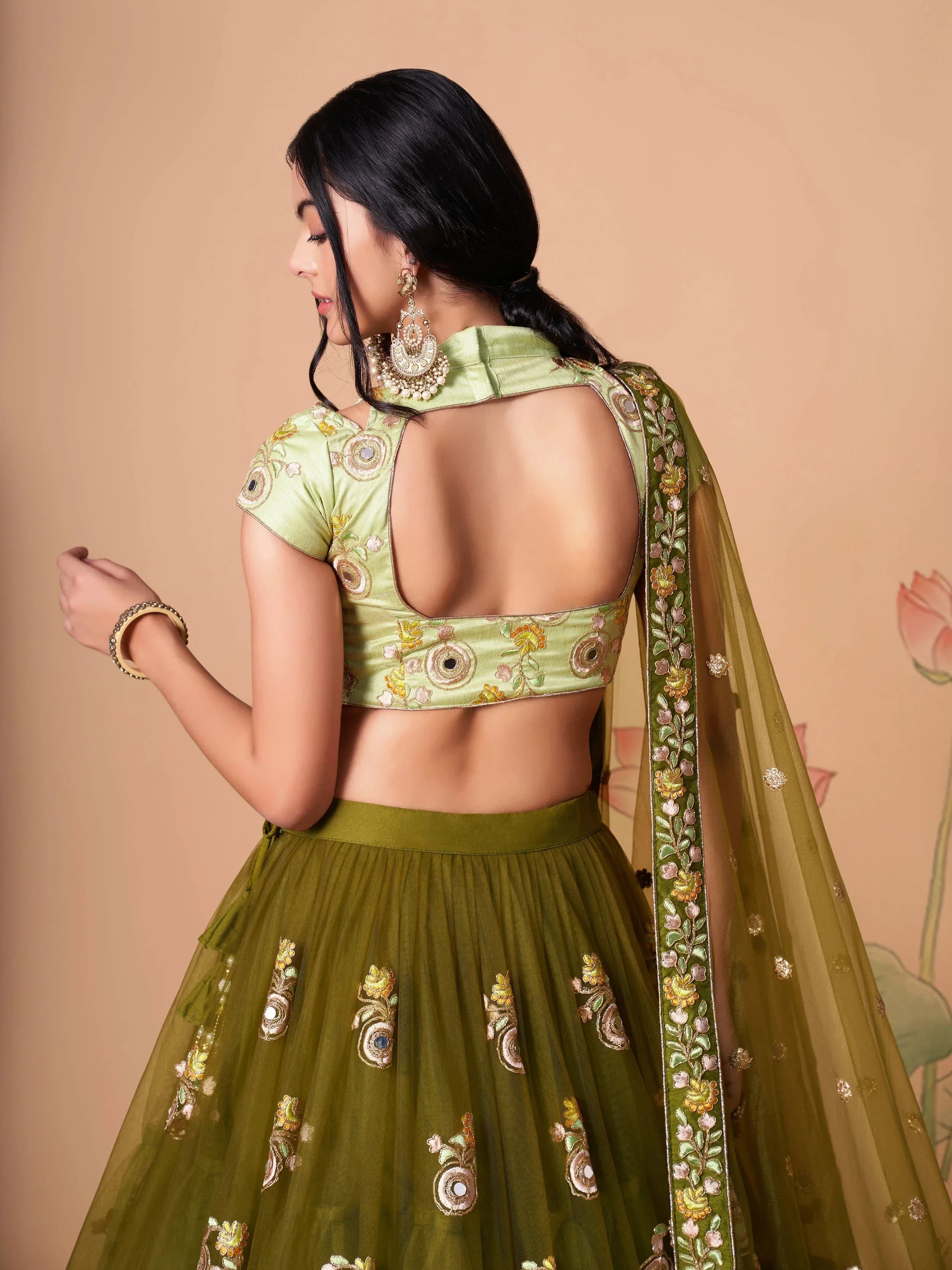 Olive Gorgeous Embroidered Net Wedding Lehenga Choli