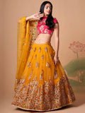 Charming Yellow Embroidered Net Haldi Wear Plus Size Lehenga Choli