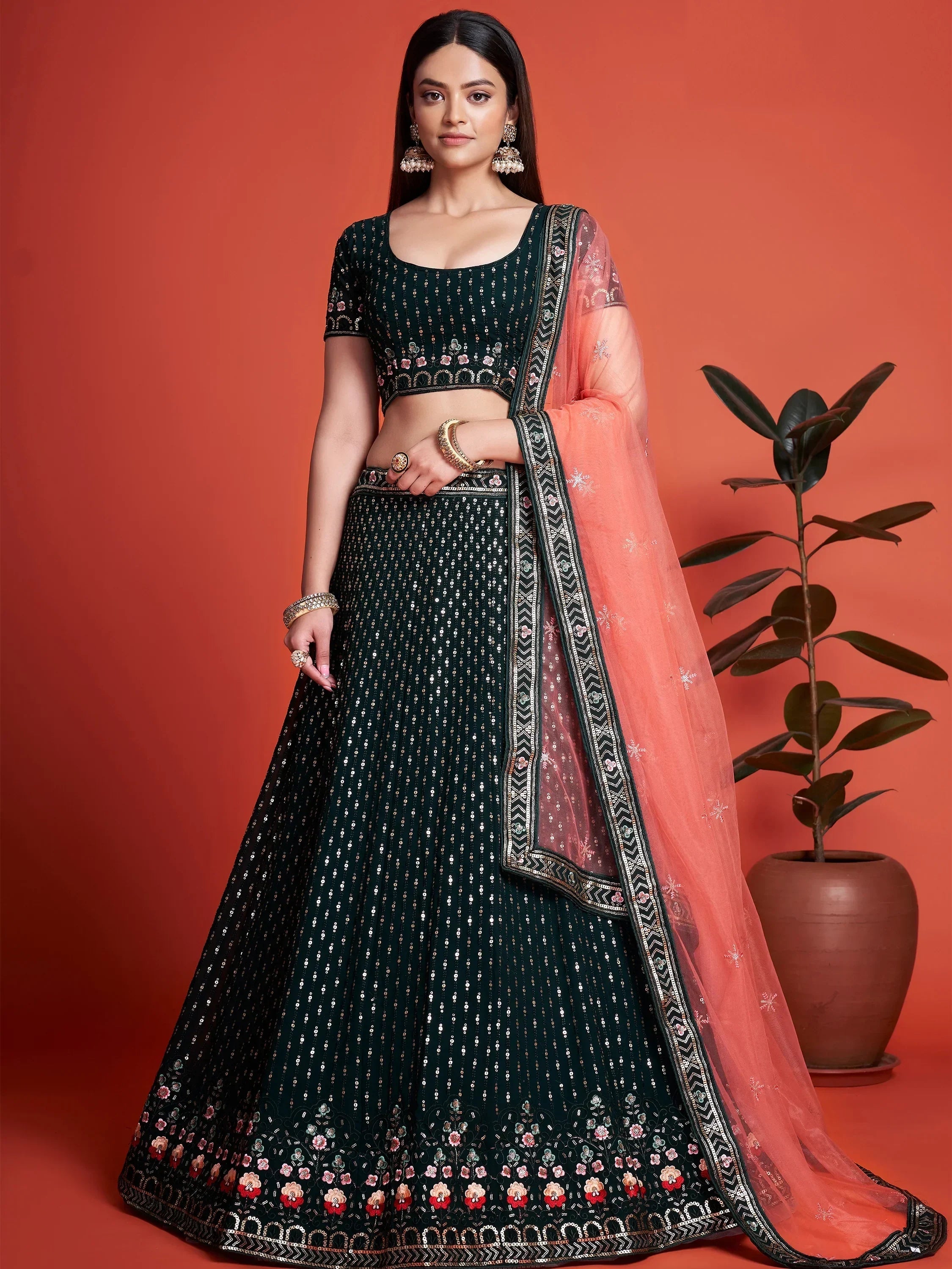 Bottle Green Wondrous Sequined Georgette Bridesmaid Lehenga Choli