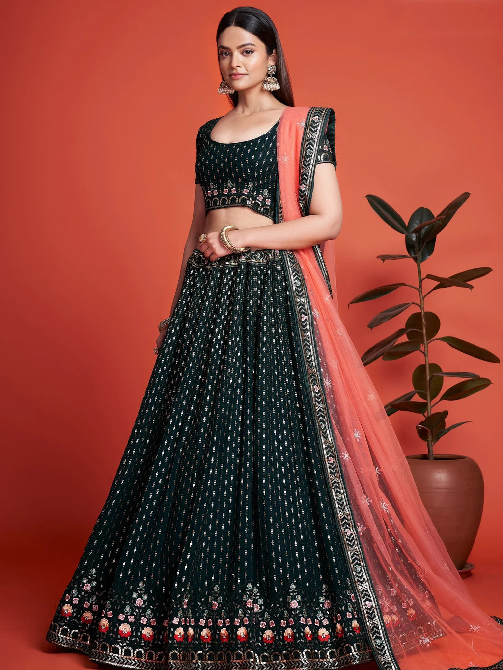 Bottle Green Wondrous Sequined Georgette Bridesmaid Lehenga Choli