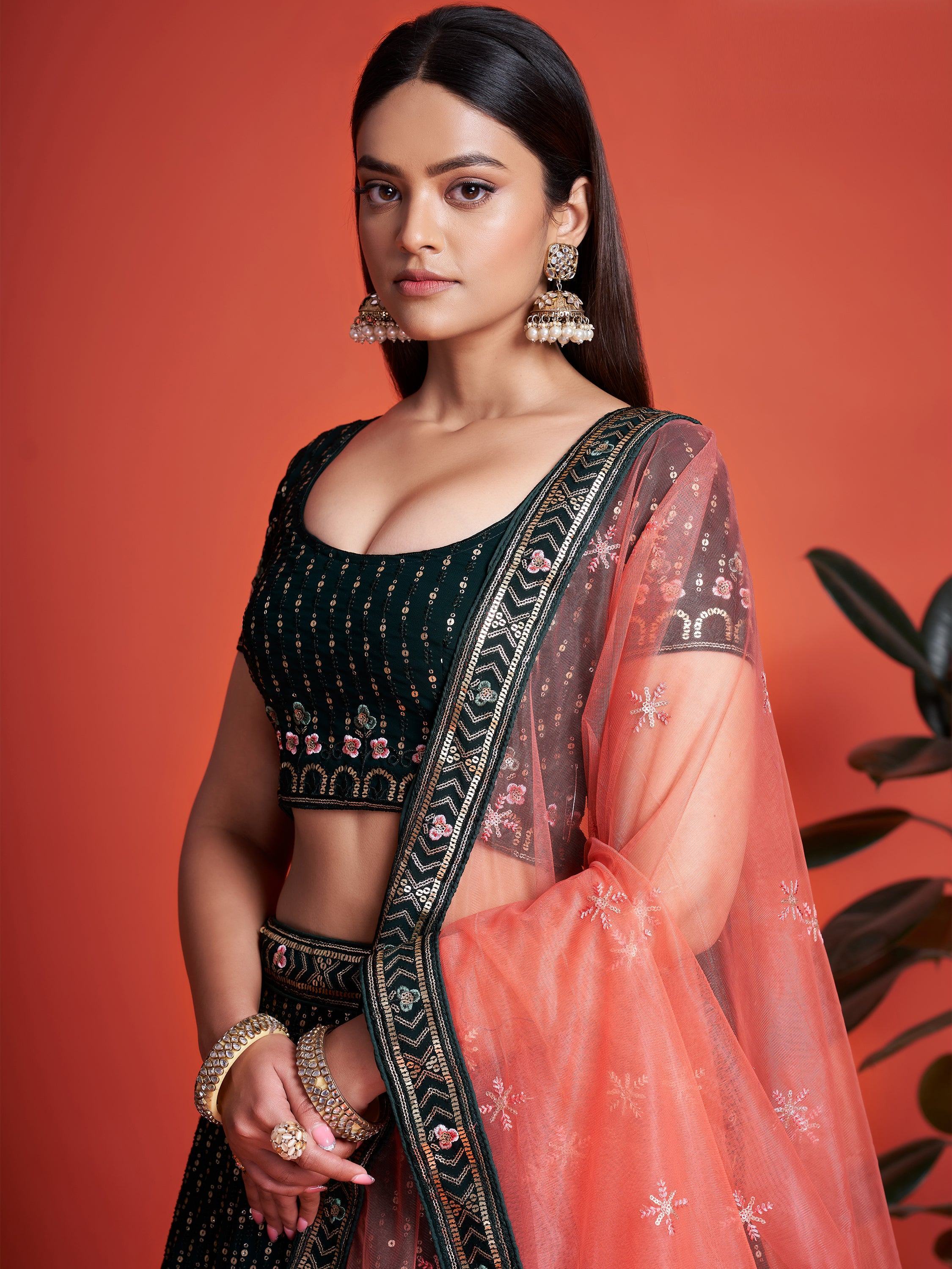 Bottle Green Wondrous Sequined Georgette Bridesmaid Lehenga Choli