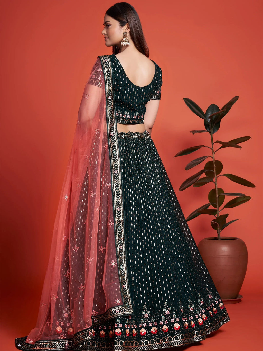 Bottle Green Wondrous Sequined Georgette Bridesmaid Lehenga Choli