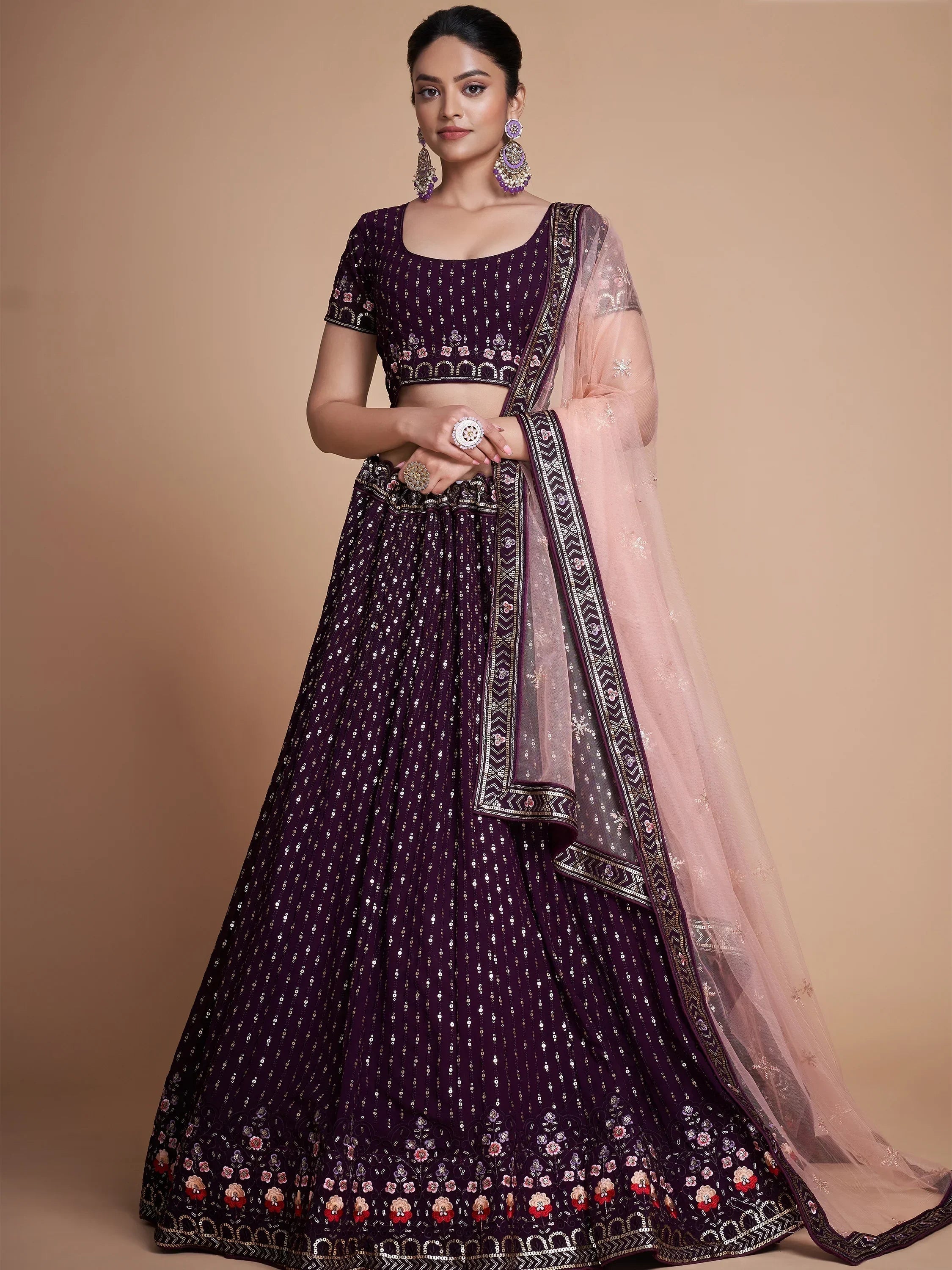 Wine Wondrous Sequined Georgette Bridesmaid Lehenga Choli