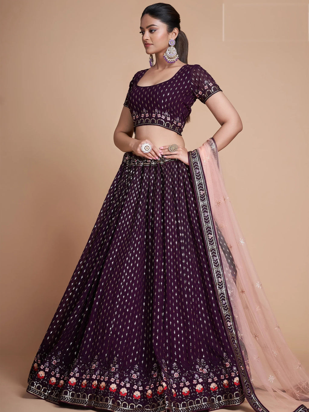 Wine Wondrous Sequined Georgette Bridesmaid Lehenga Choli