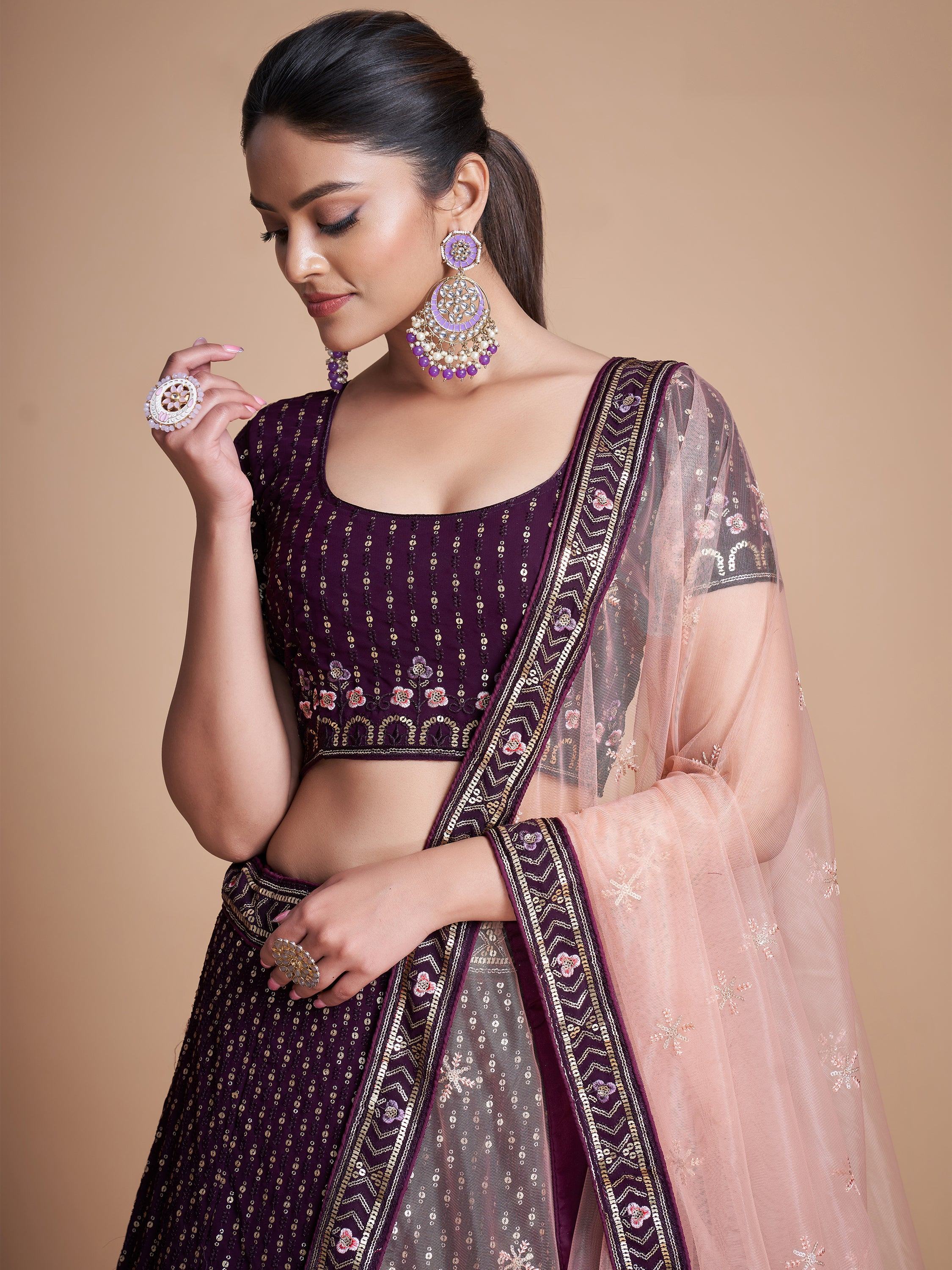 Wine Wondrous Sequined Georgette Bridesmaid Lehenga Choli