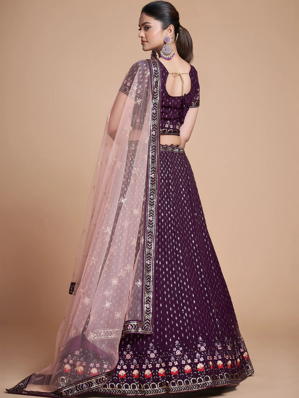 Wine Wondrous Sequined Georgette Bridesmaid Lehenga Choli