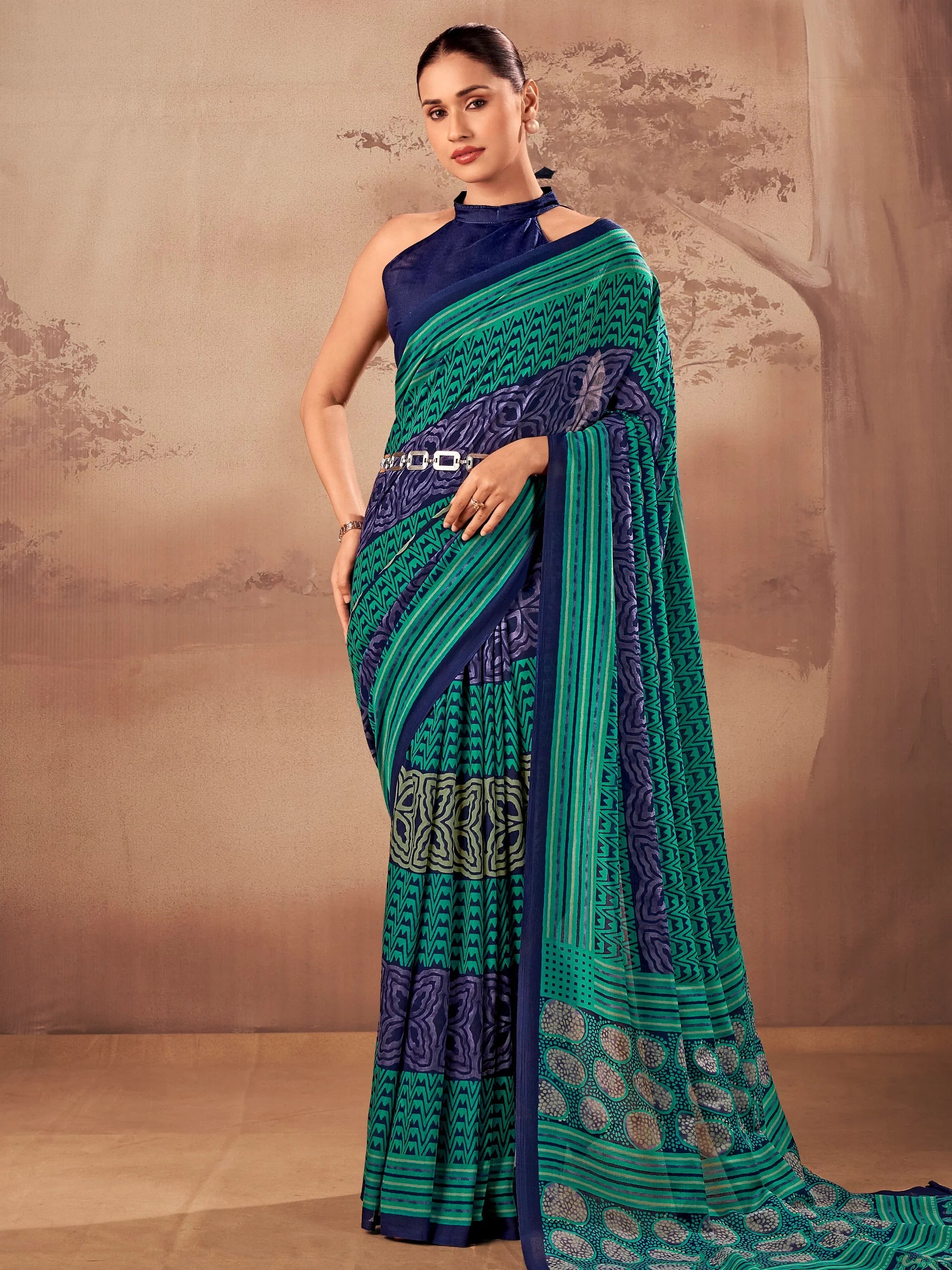 Teal Amazeballs Digital Printed Cotton Office Wear Saree With Blouse