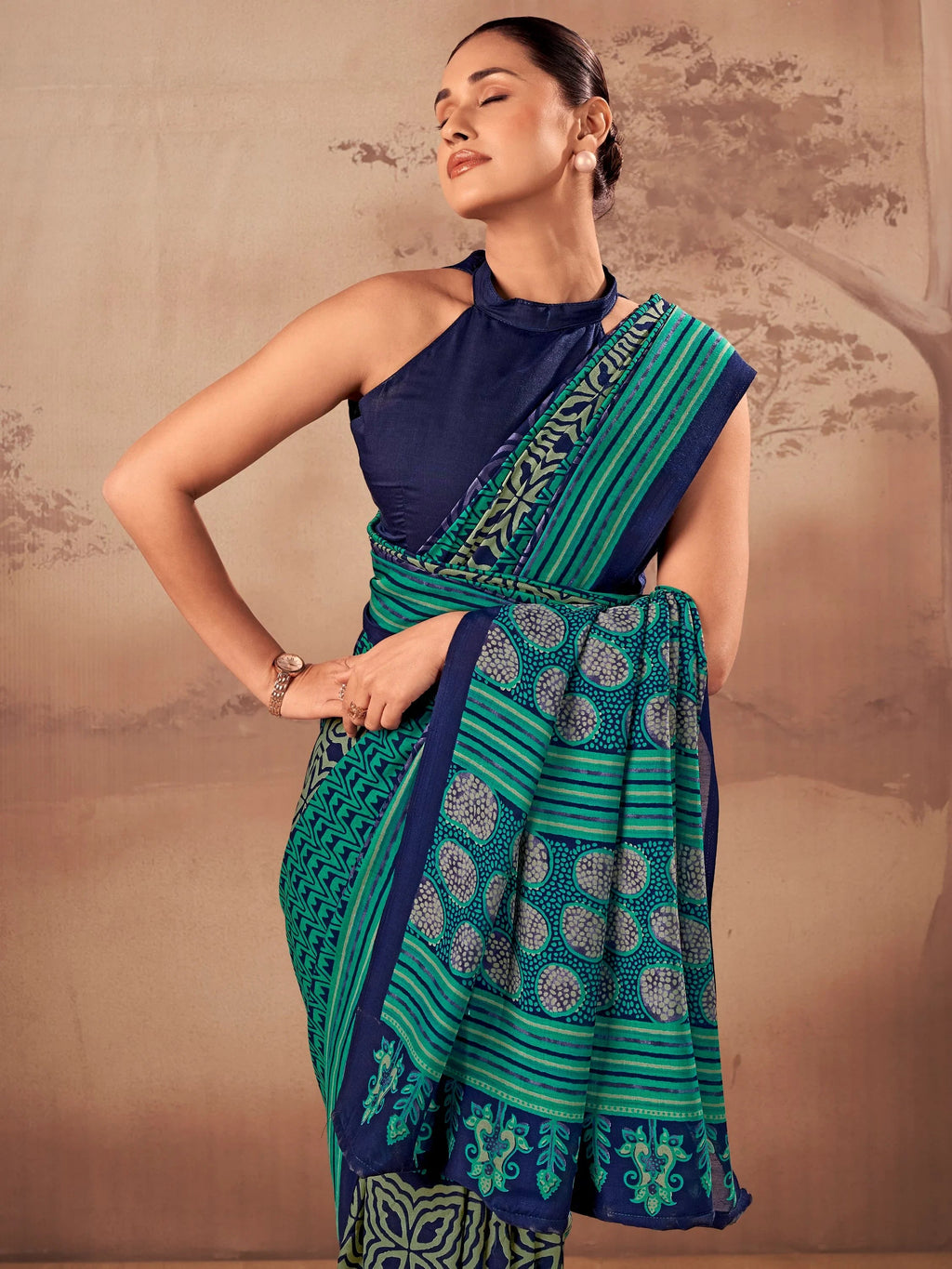 Teal Amazeballs Digital Printed Cotton Office Wear Saree With Blouse