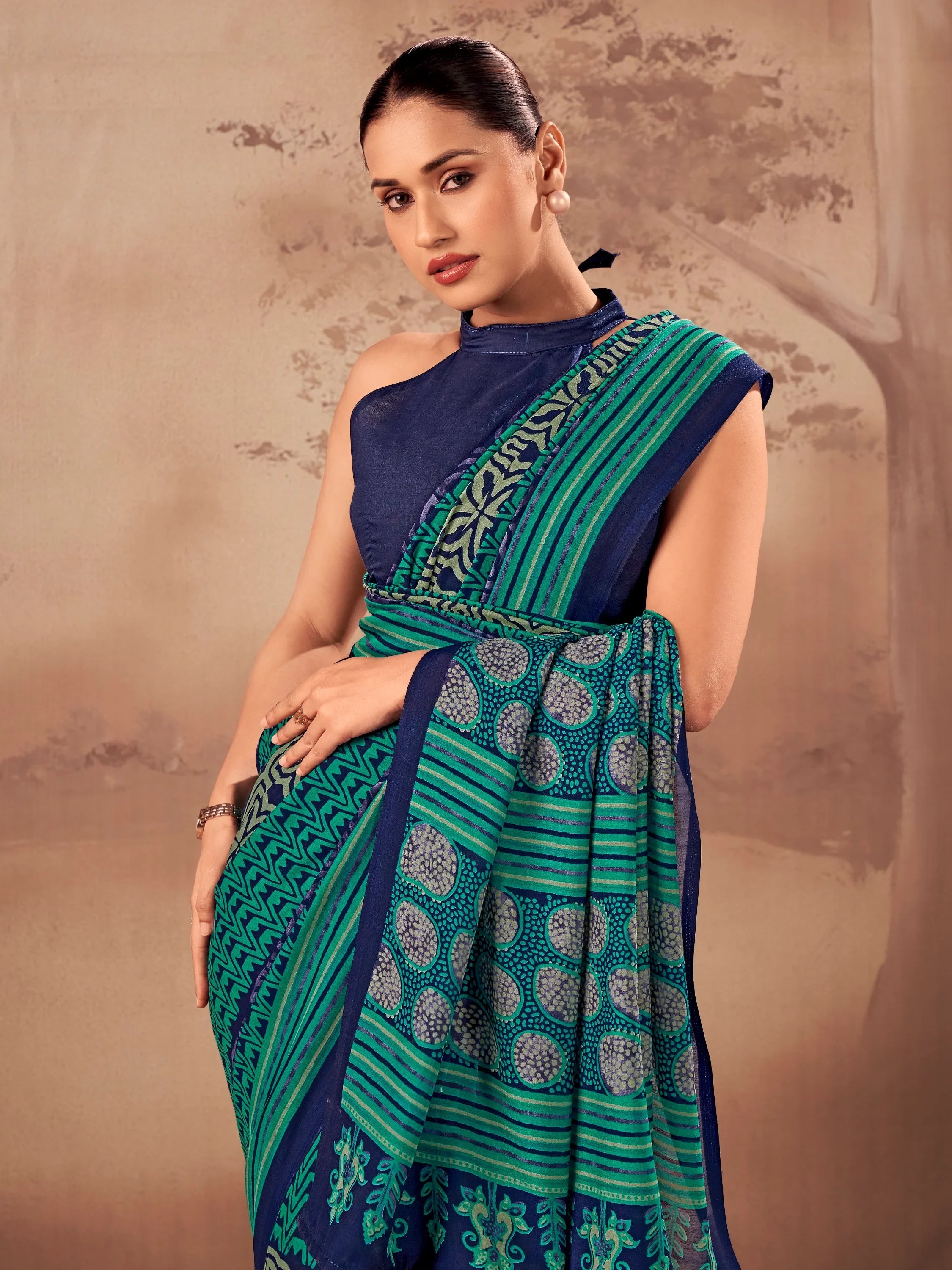 Teal Amazeballs Digital Printed Cotton Office Wear Saree With Blouse