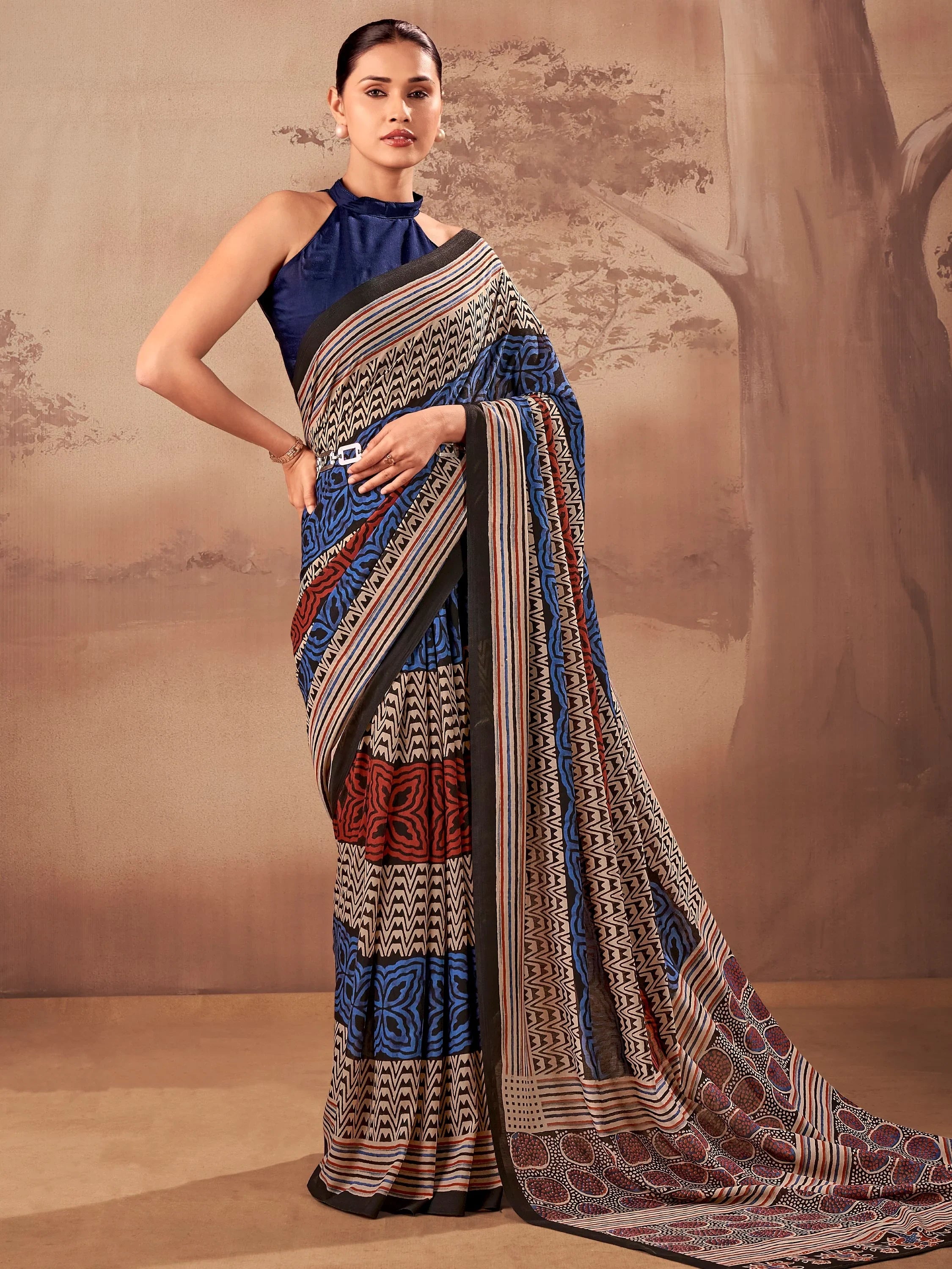 Navy Amazeballs Digital Printed Cotton Office Wear Saree With Blouse