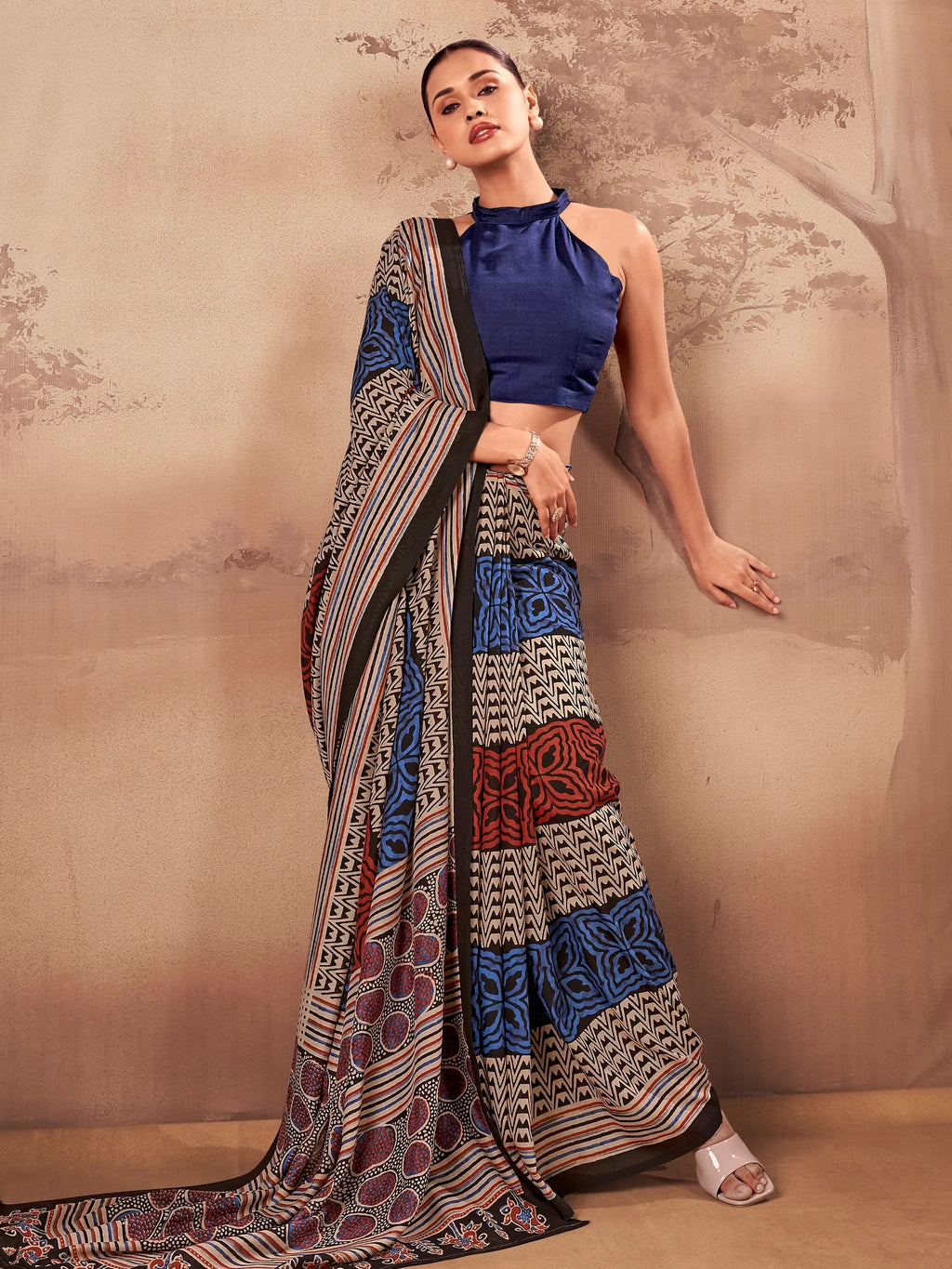 Navy Amazeballs Digital Printed Cotton Office Wear Saree With Blouse