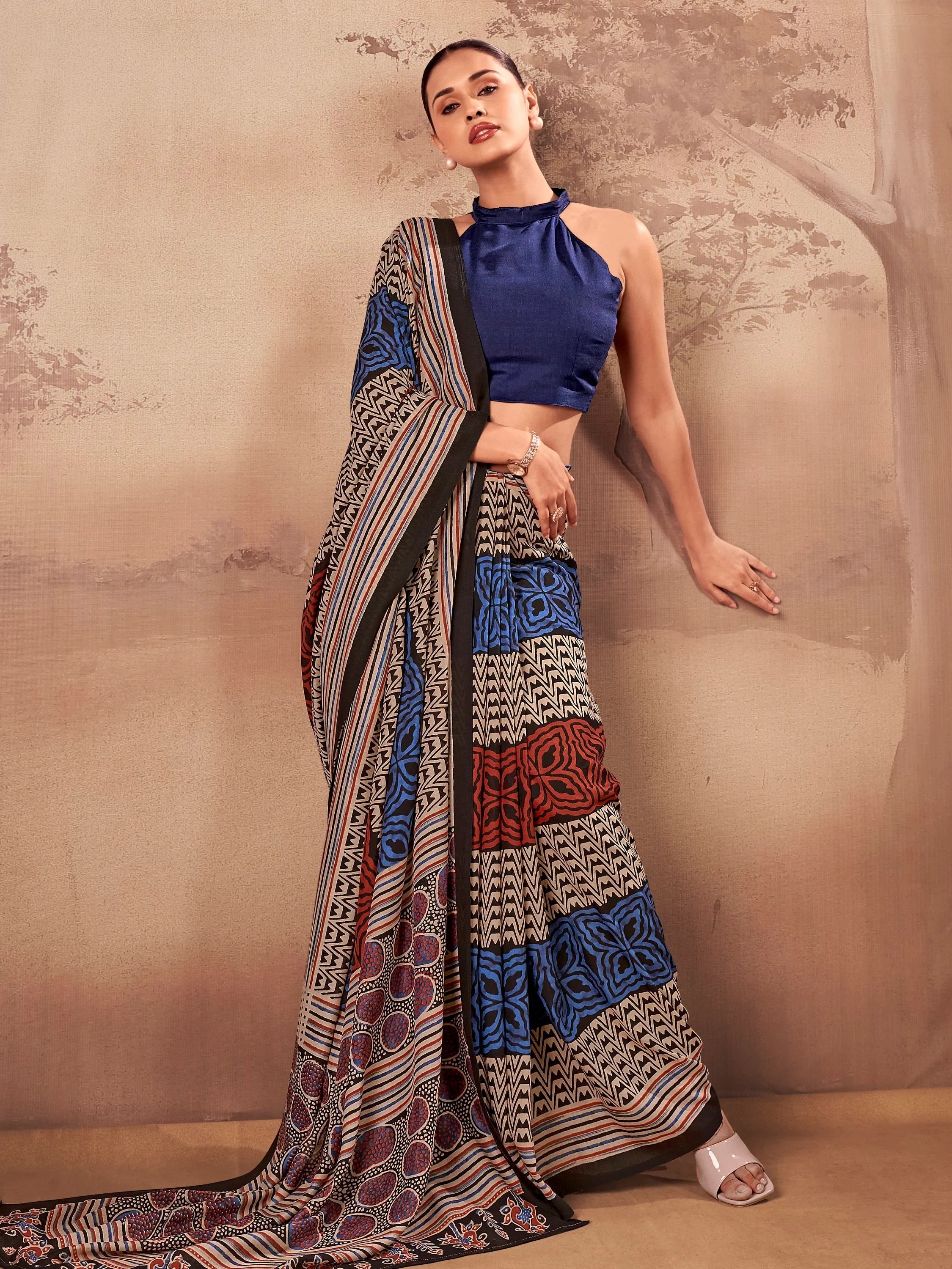 Navy Amazeballs Digital Printed Cotton Office Wear Saree With Blouse