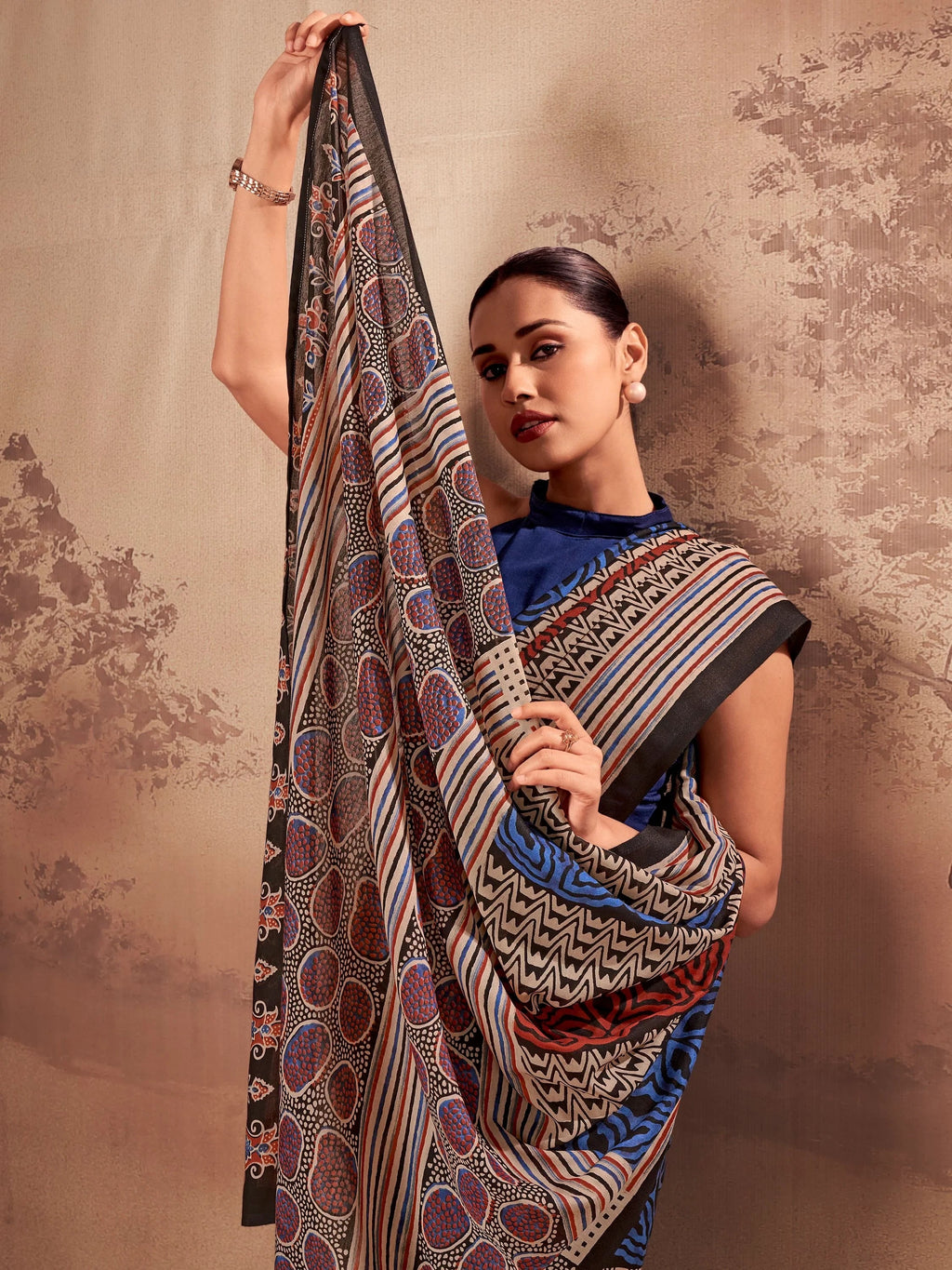 Navy Amazeballs Digital Printed Cotton Office Wear Saree With Blouse