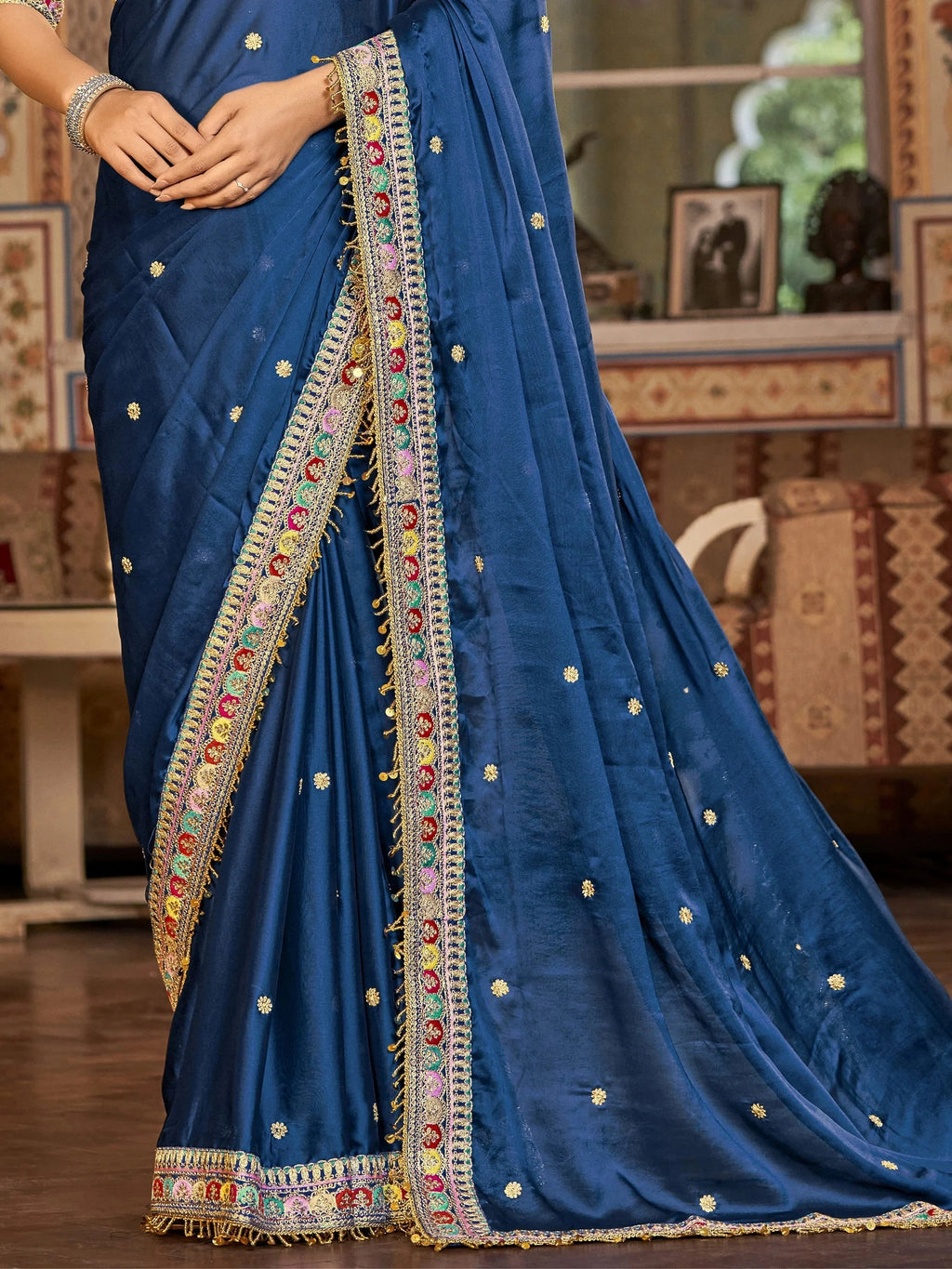 Fashionable Blue Embroidered Georgette Wedding Wear Saree With Blouse