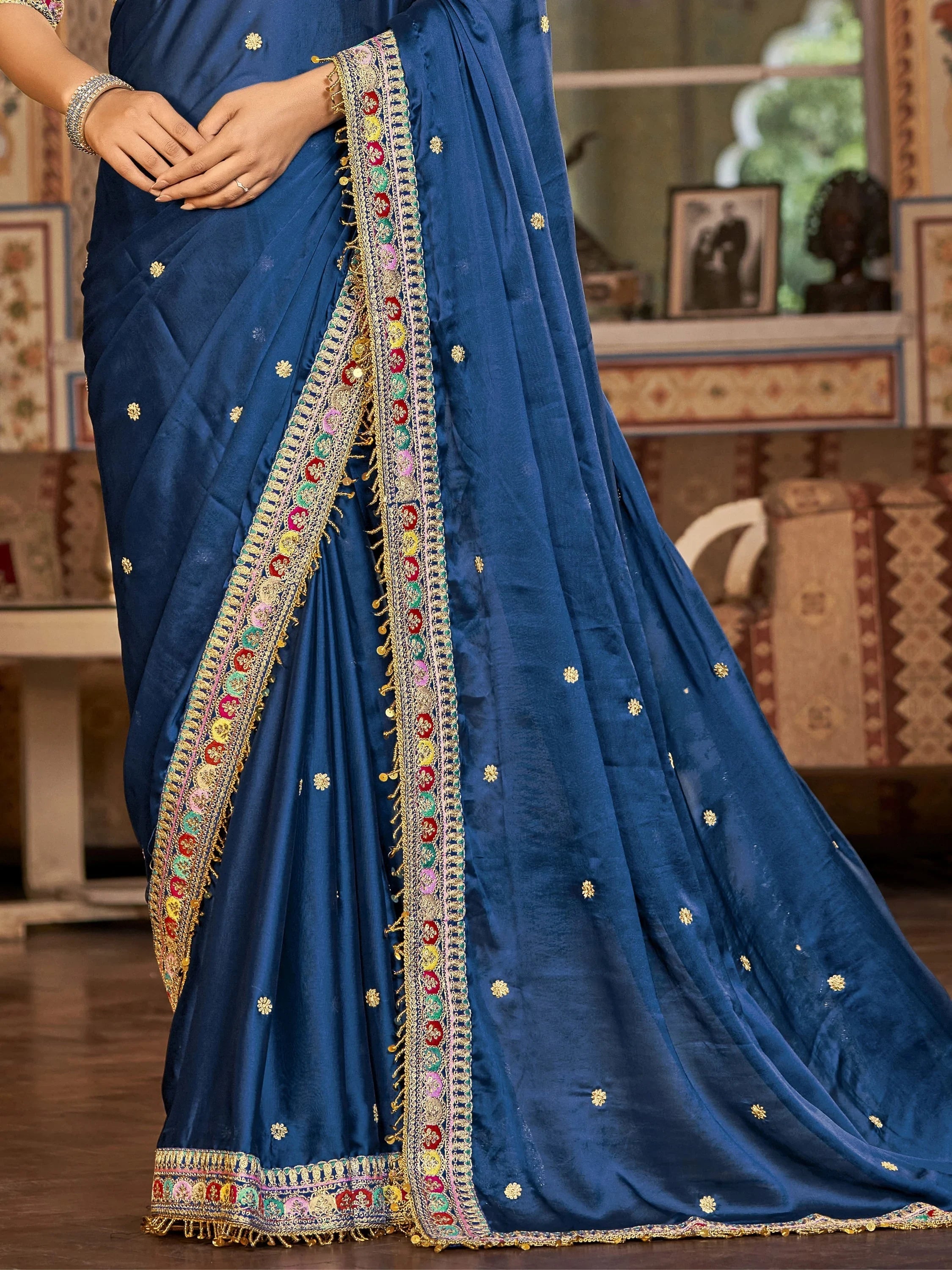 Fashionable Blue Embroidered Georgette Wedding Wear Saree With Blouse