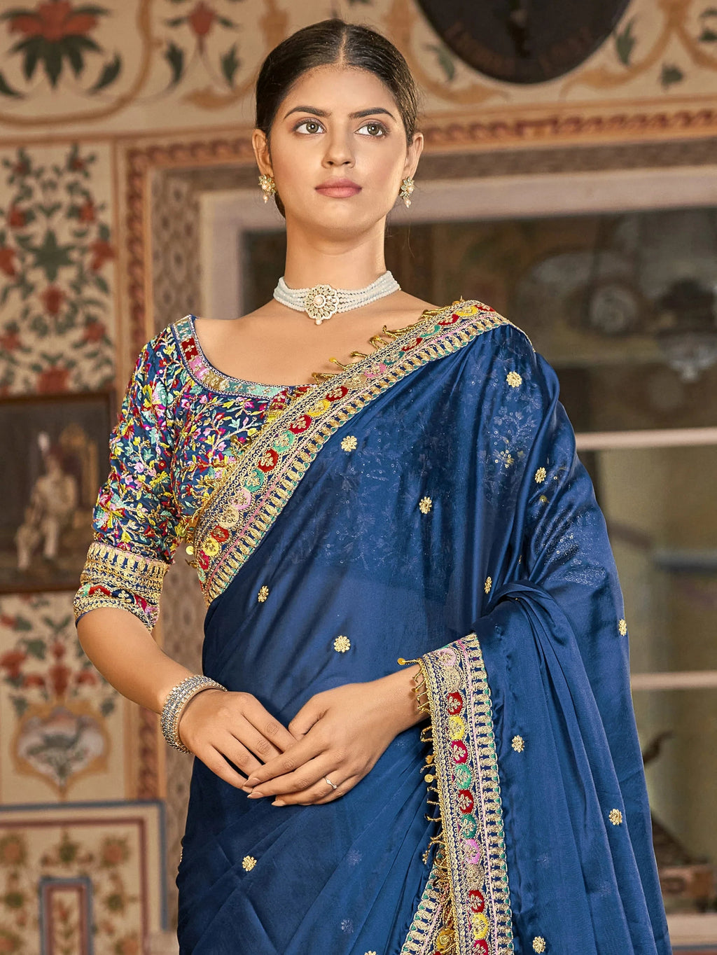 Fashionable Blue Embroidered Georgette Wedding Wear Saree With Blouse