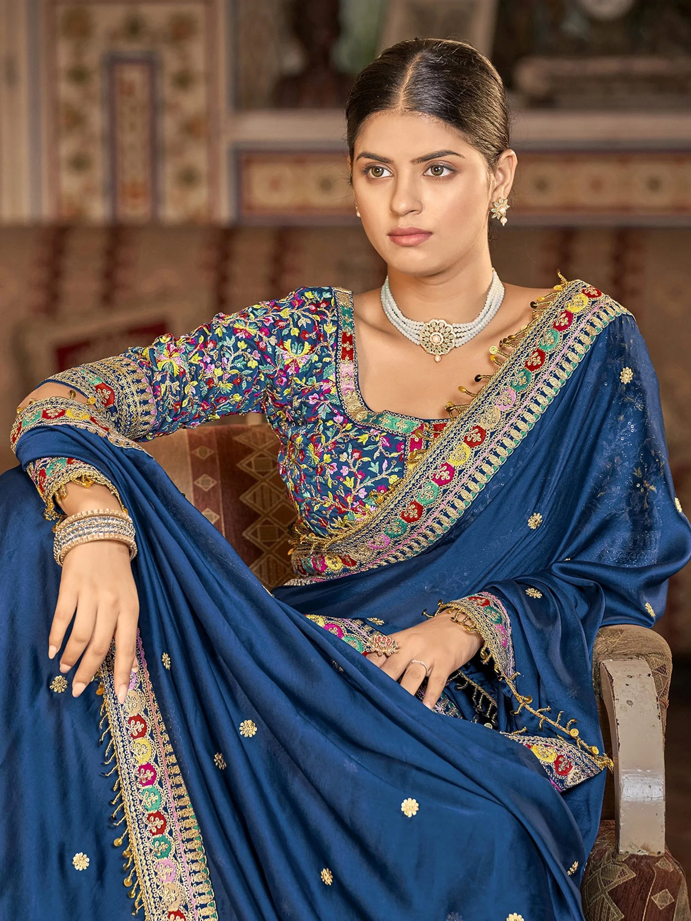 Fashionable Blue Embroidered Georgette Wedding Wear Saree With Blouse