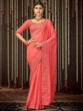 Impressive Peach Thread Embroidered Georgette Festival Wear Saree