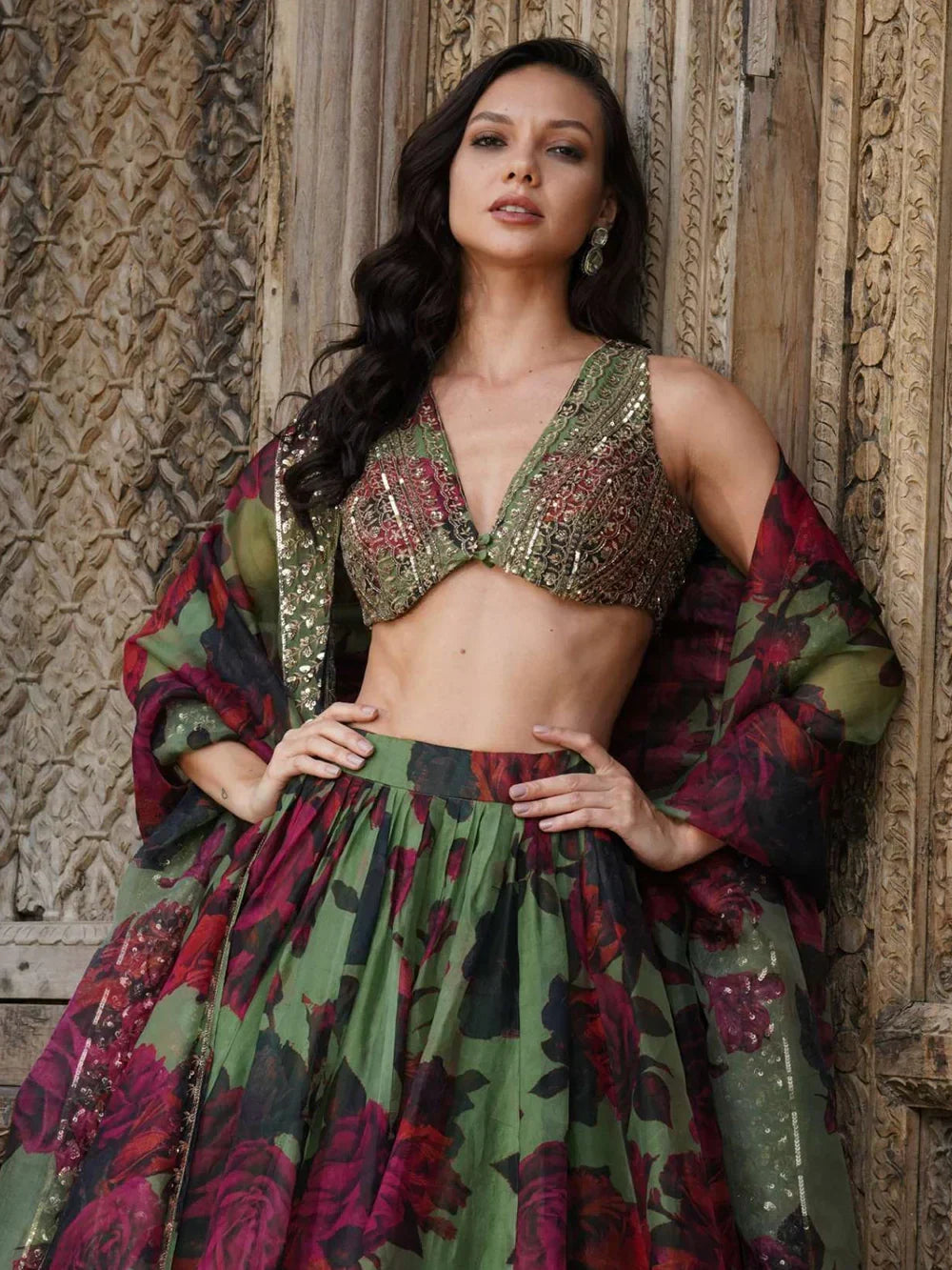 Tantalizing Green Floral Printed Organza Mehendi Wear Lehenga Choli