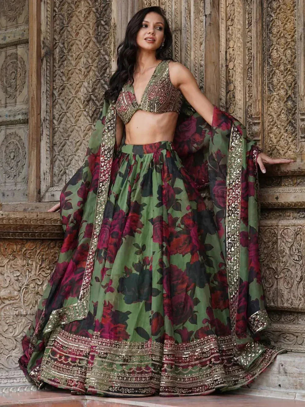 Tantalizing Green Floral Printed Organza Mehendi Wear Lehenga Choli
