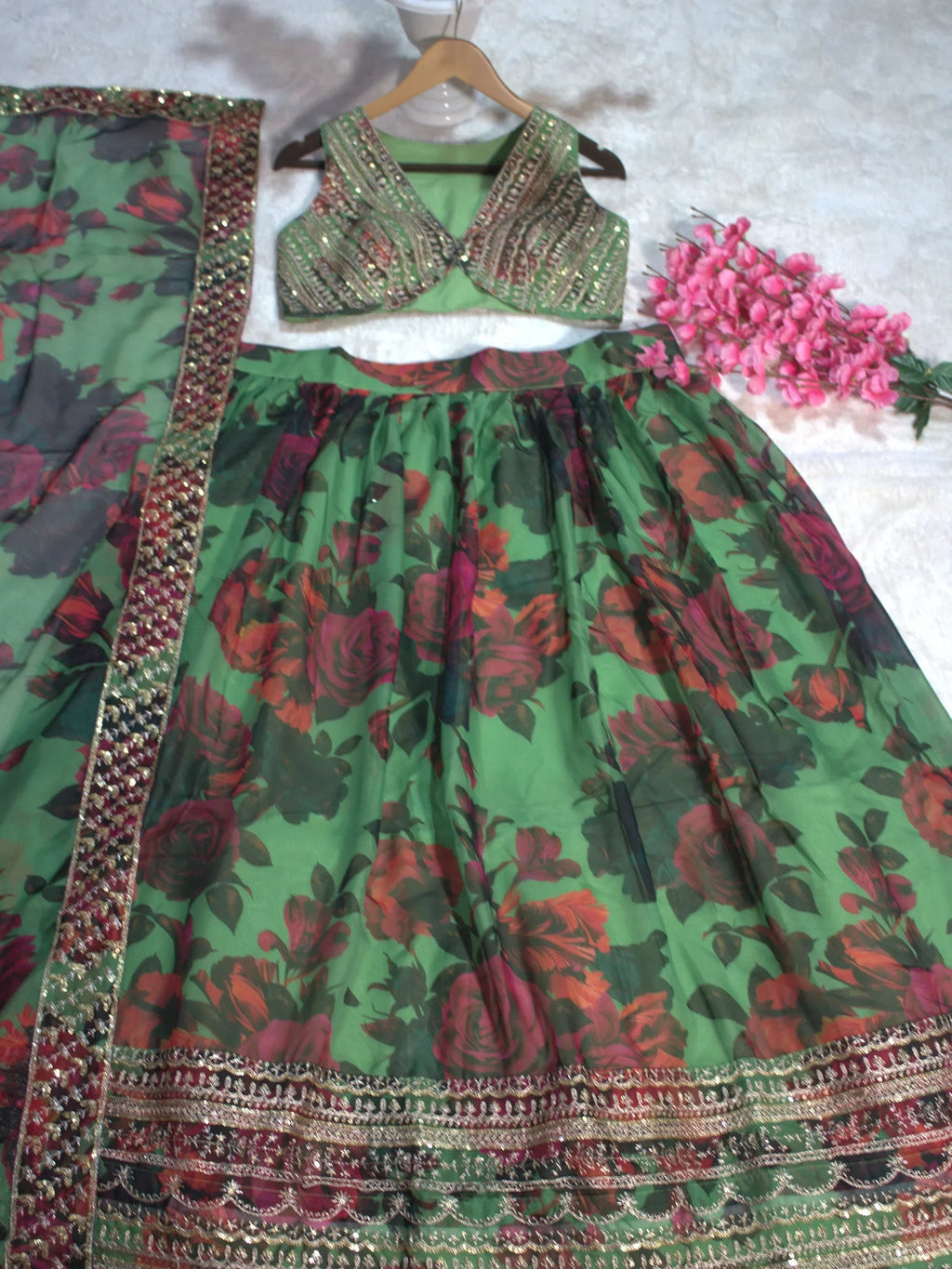 Tantalizing Green Floral Printed Organza Mehendi Wear Lehenga Choli