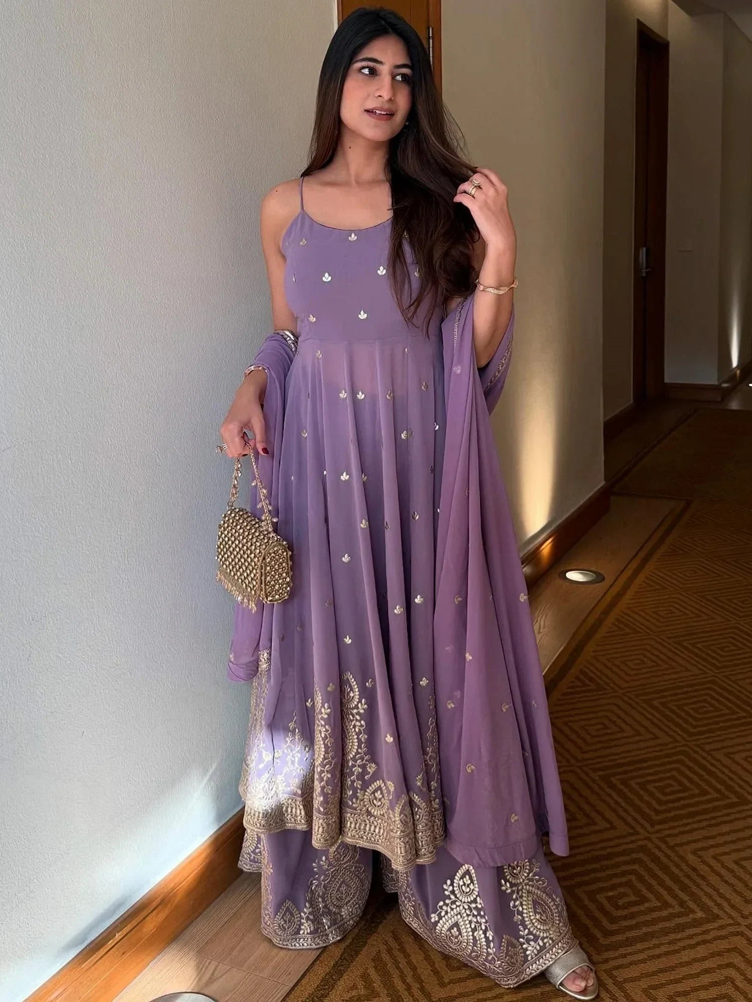 Wonderful Lavender Embroidered Georgette Festival Wear Palazzo Suit