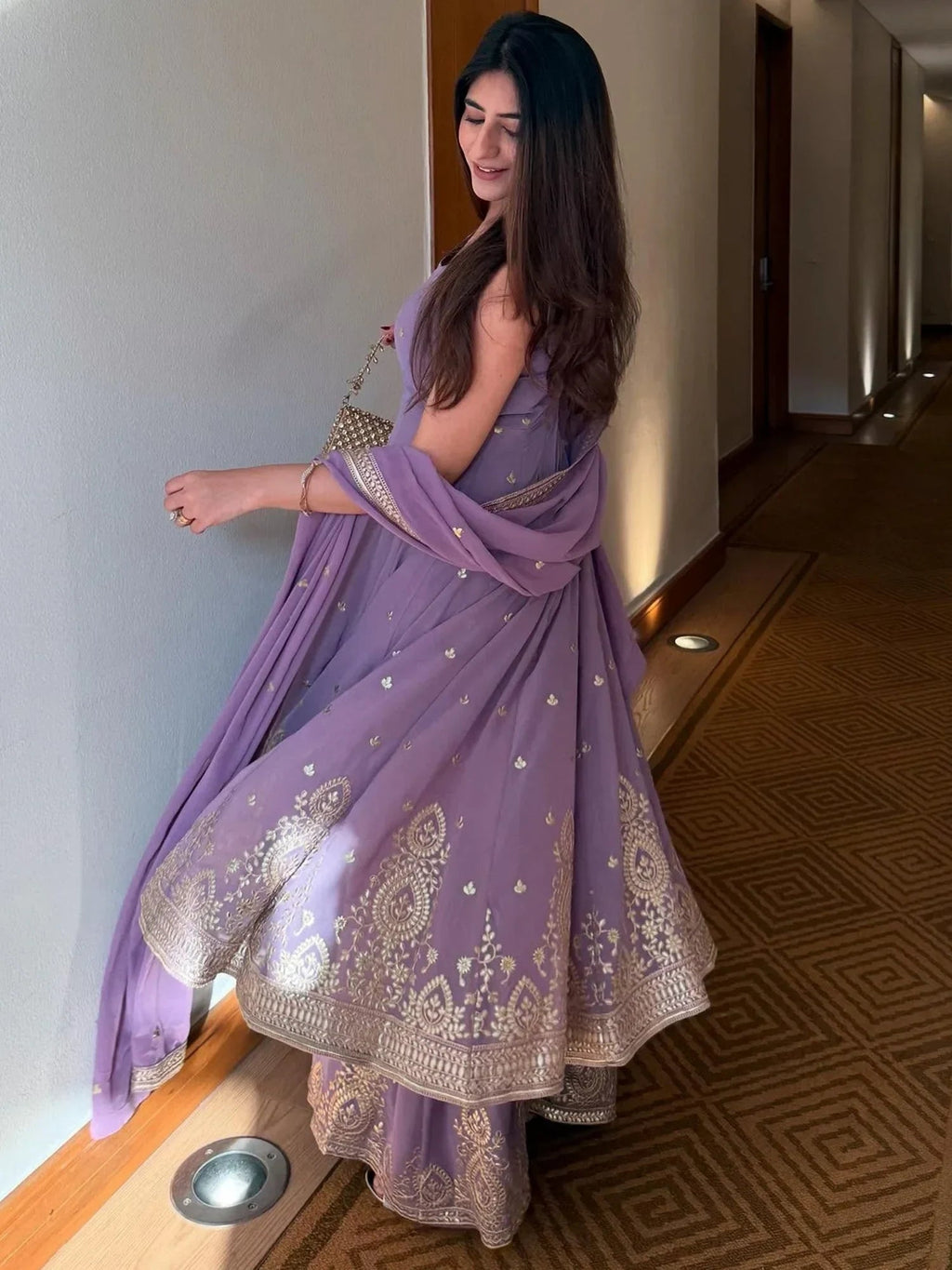 Wonderful Lavender Embroidered Georgette Festival Wear Palazzo Suit