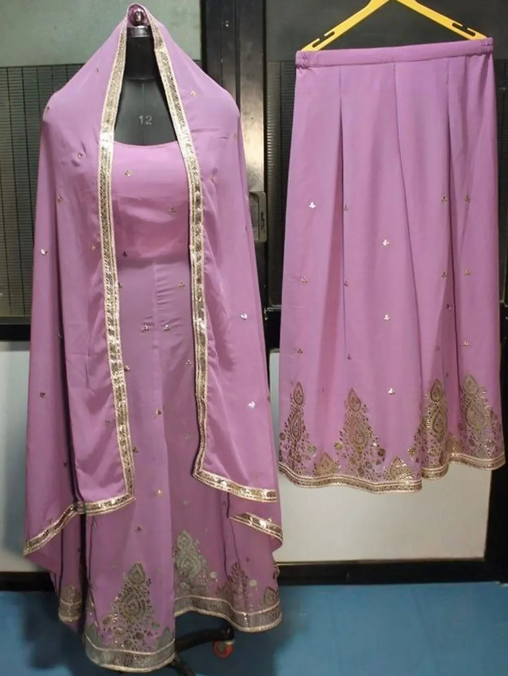 Wonderful Lavender Embroidered Georgette Festival Wear Palazzo Suit