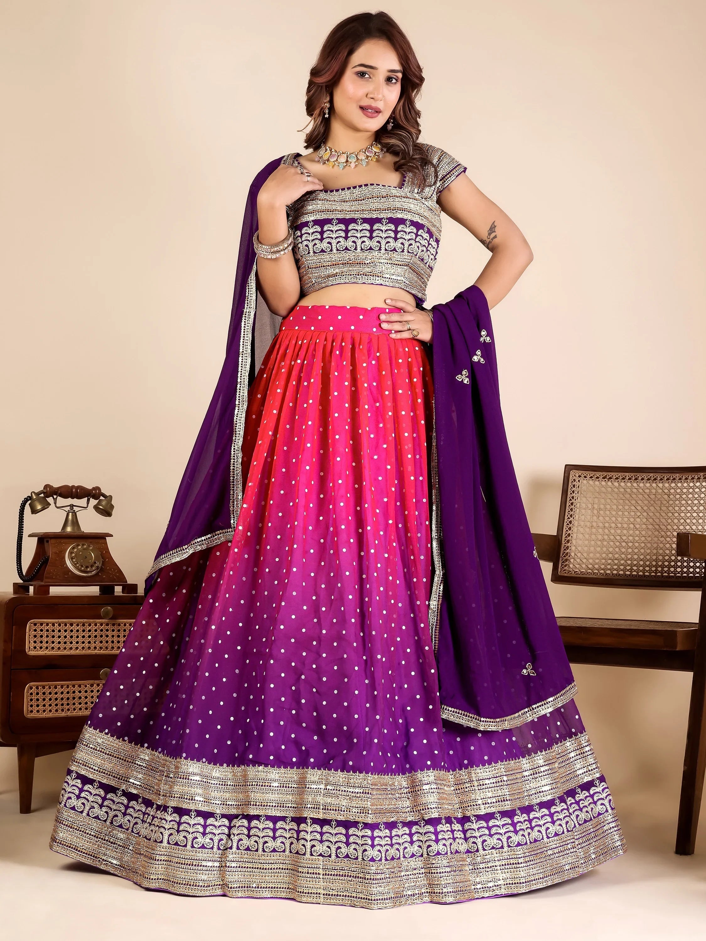 Stylist Purple Embroidered Georgette Festive Wear Lehenga Choli