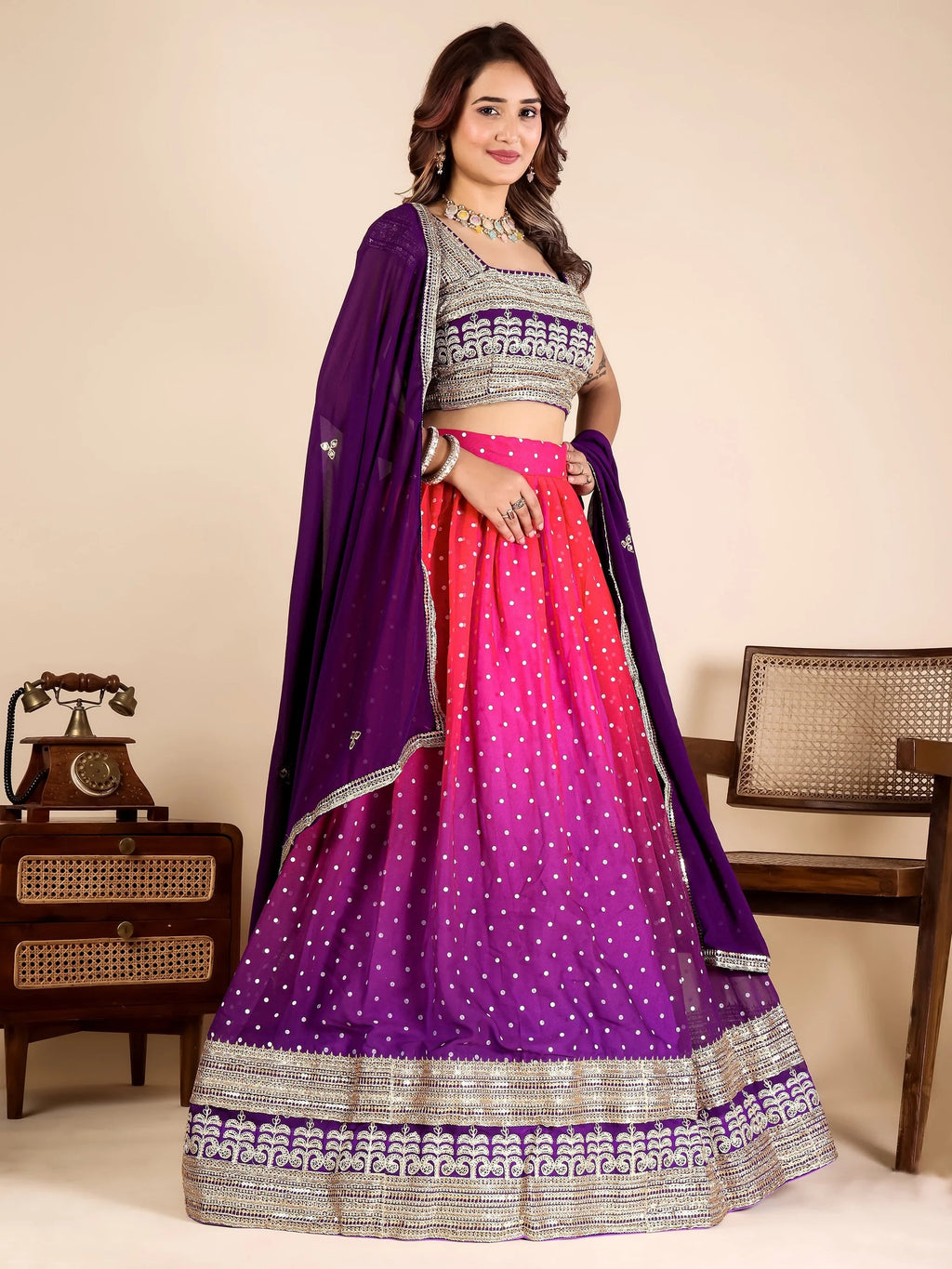 Stylist Purple Embroidered Georgette Festive Wear Lehenga Choli