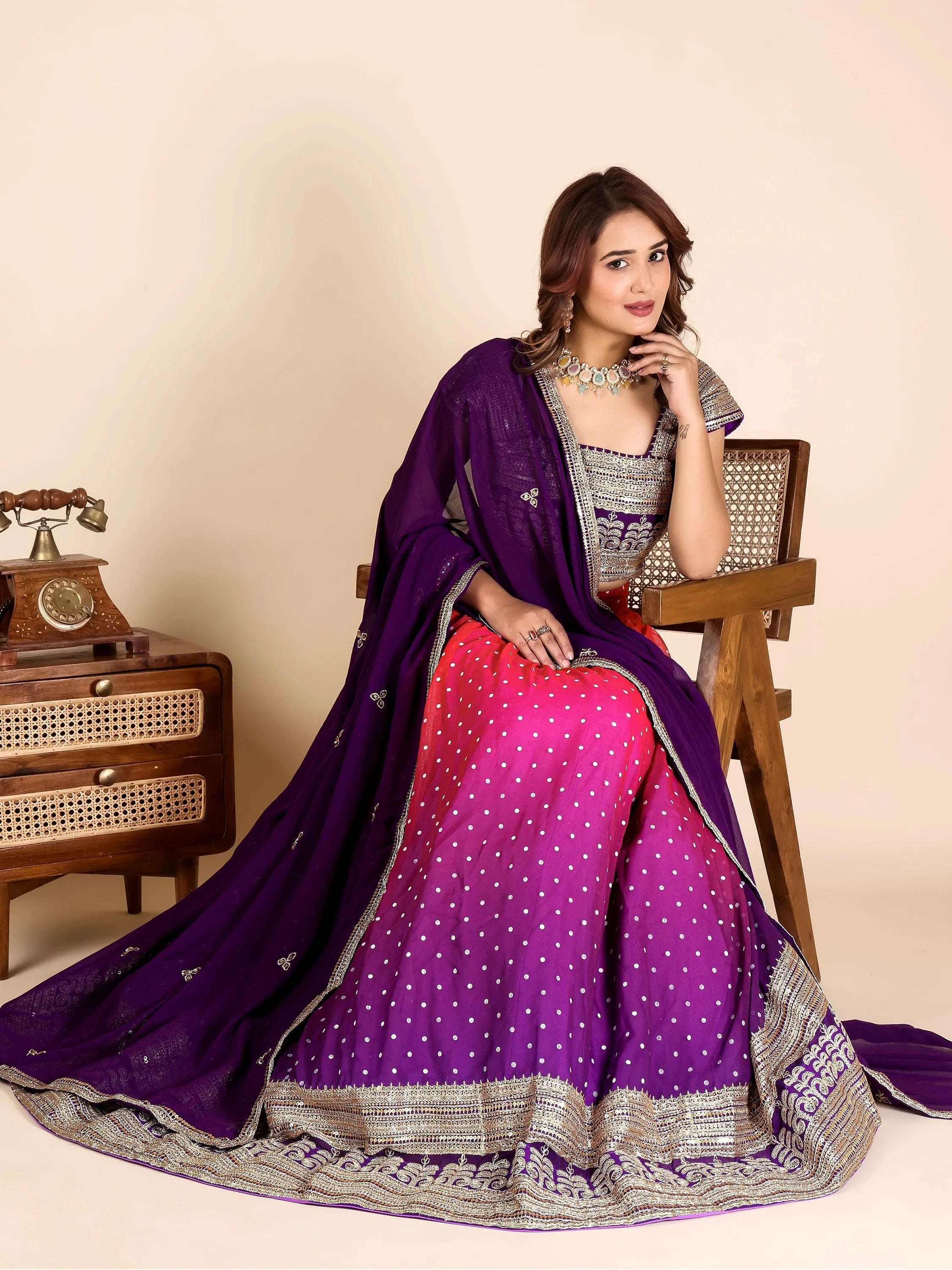 Stylist Purple Embroidered Georgette Festive Wear Lehenga Choli