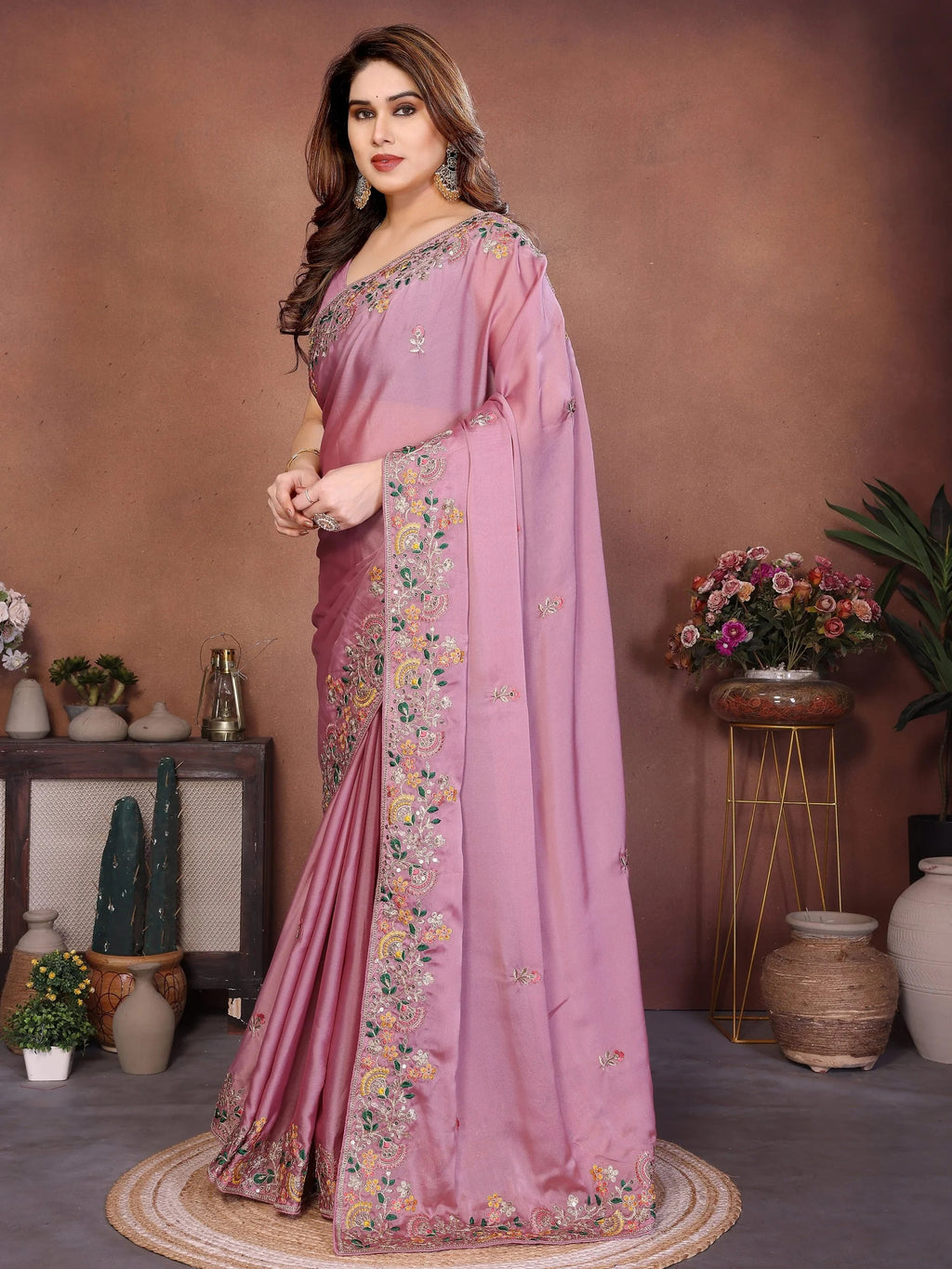 Superb Pink Dori Work Silk Function Wear Saree With Blouse