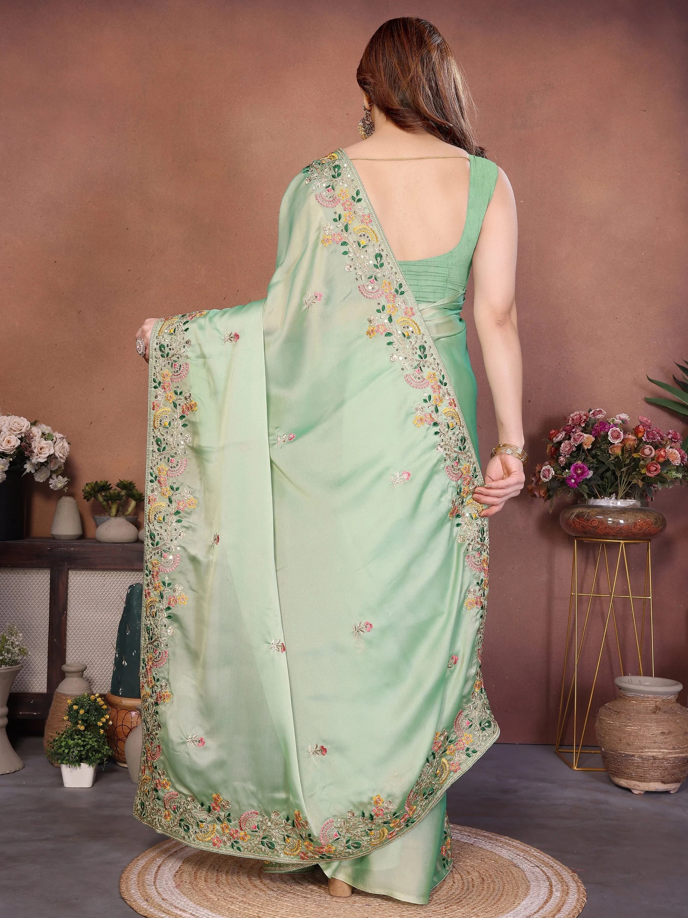 Amazing Green Zari Embroidered Silk Traditional Saree With Blouse