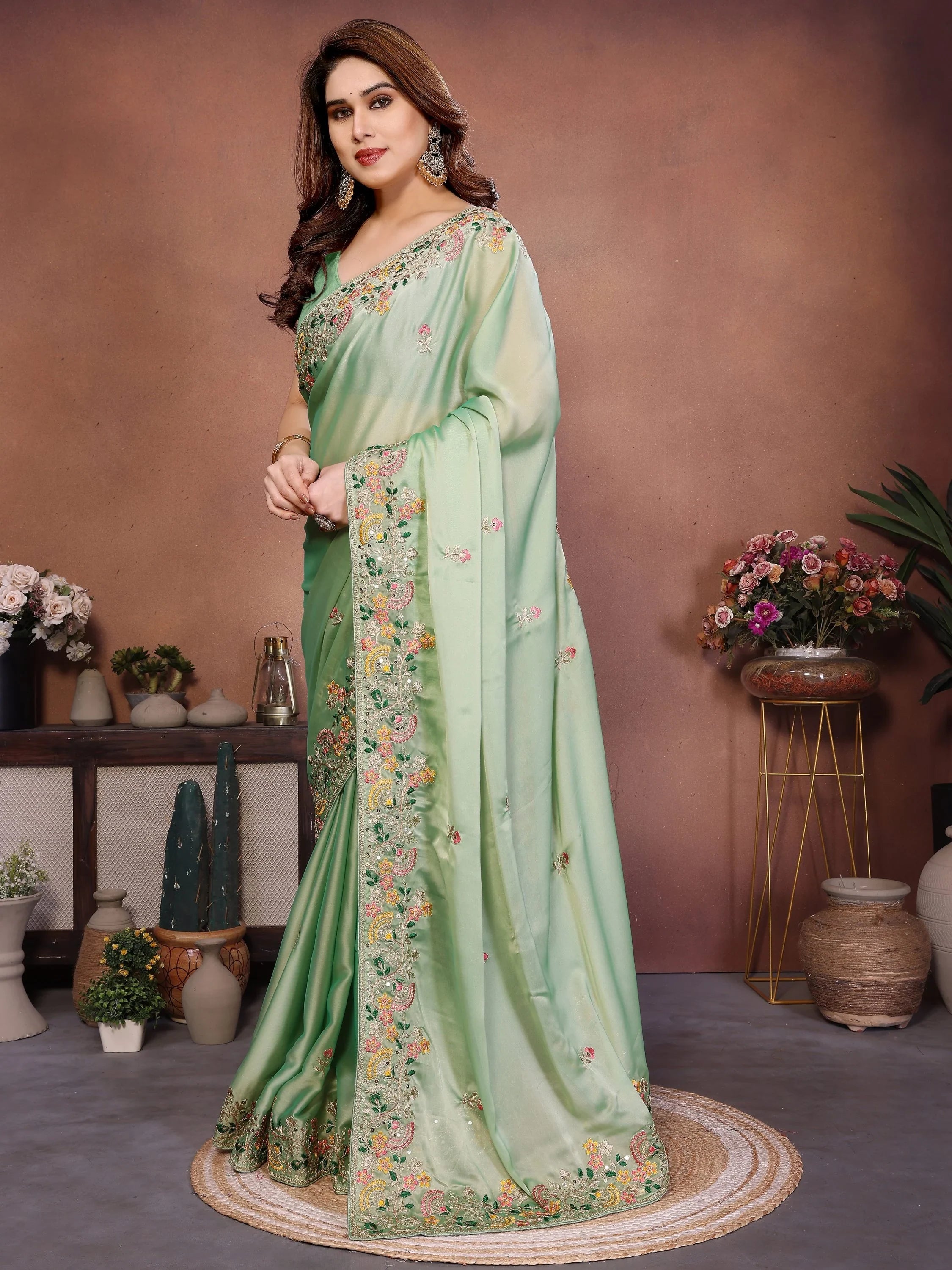 Amazing Green Zari Embroidered Silk Traditional Saree With Blouse