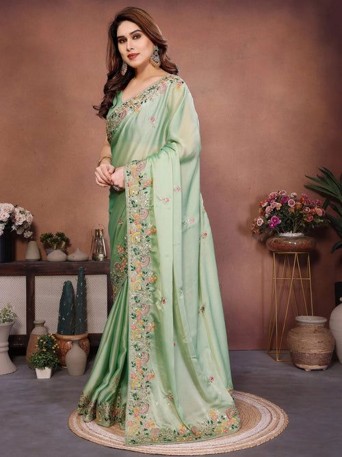 Amazing Green Zari Embroidered Silk Traditional Saree With Blouse