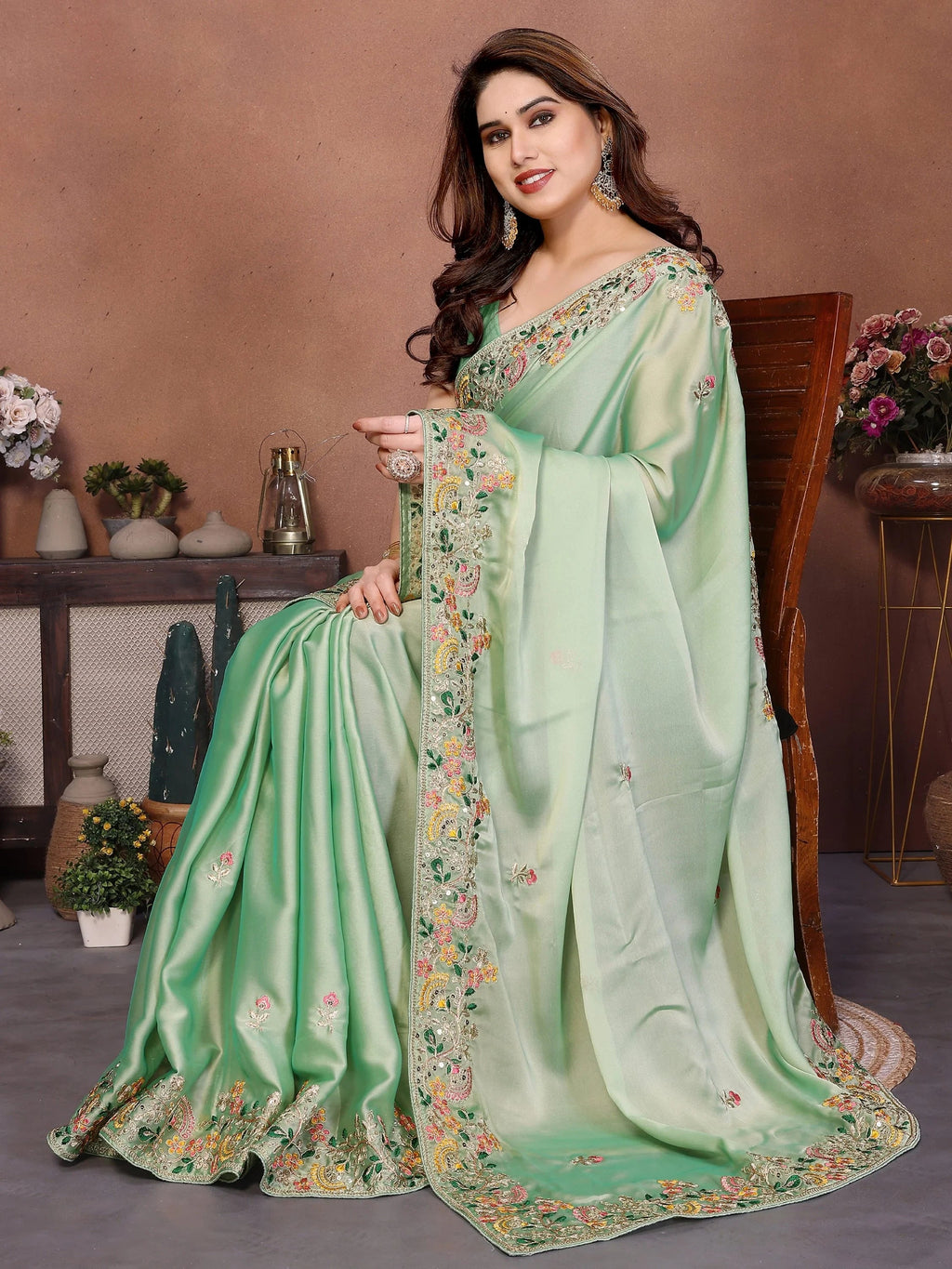 Amazing Green Zari Embroidered Silk Traditional Saree With Blouse