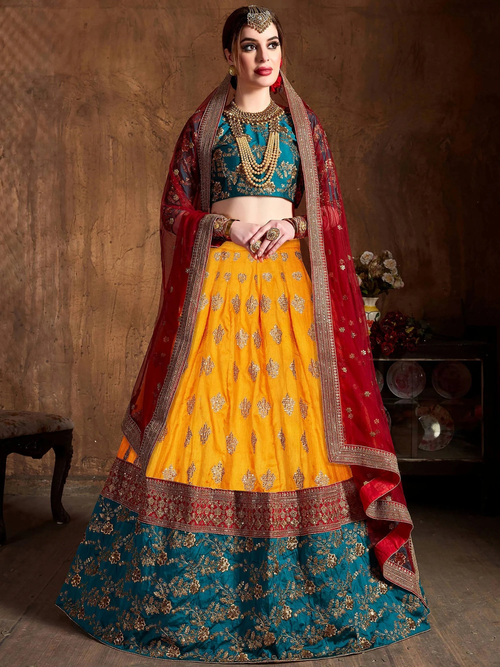 Yellow Embroidery Banarasi Silk Bridal Lehenga Choli With Dupatta