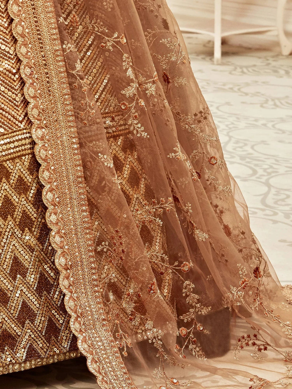 Sophistic Brown Sequins Silk Party Wear Plus Size Lehenga Choli