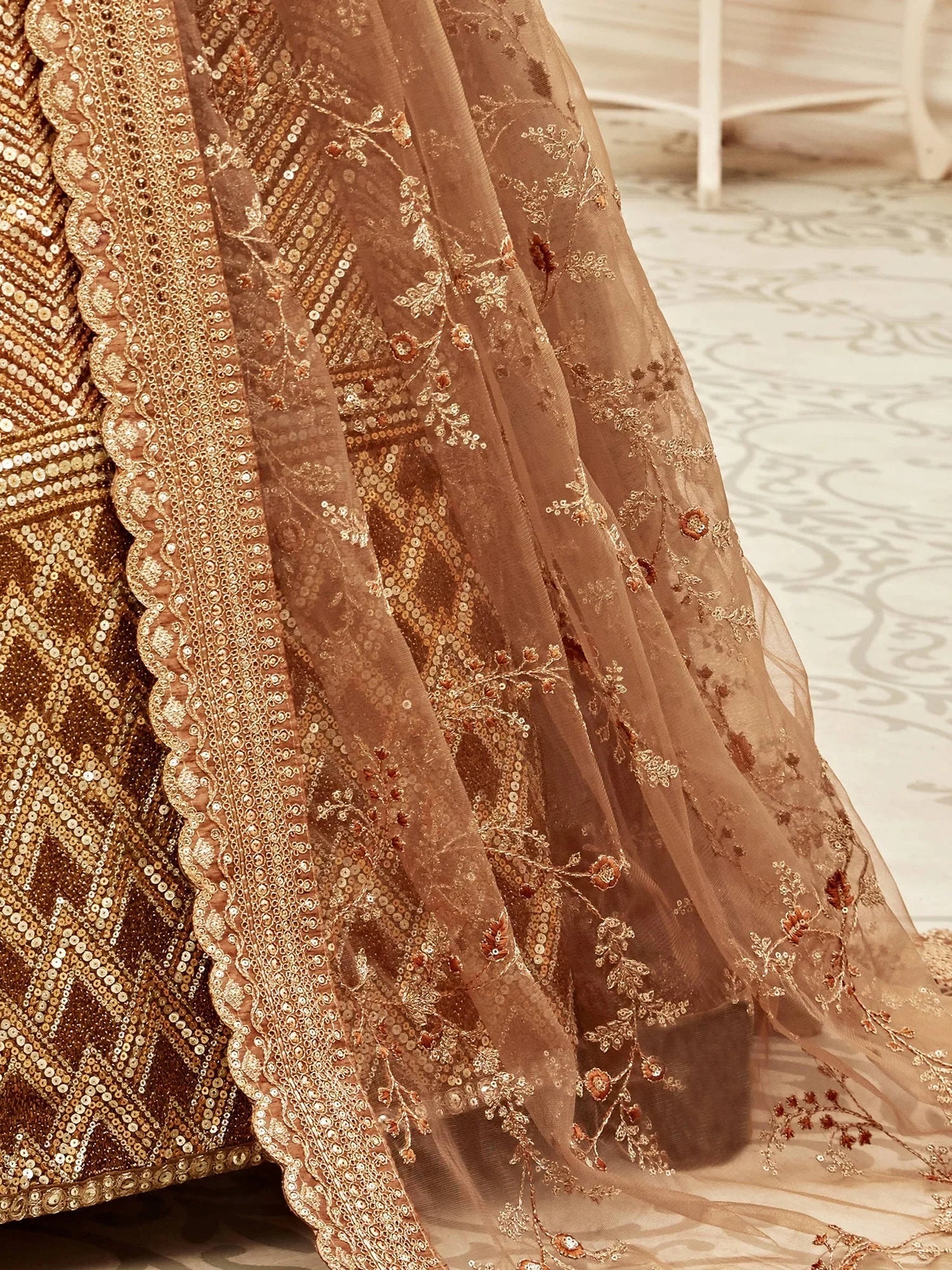 Sophistic Brown Sequins Silk Party Wear Plus Size Lehenga Choli
