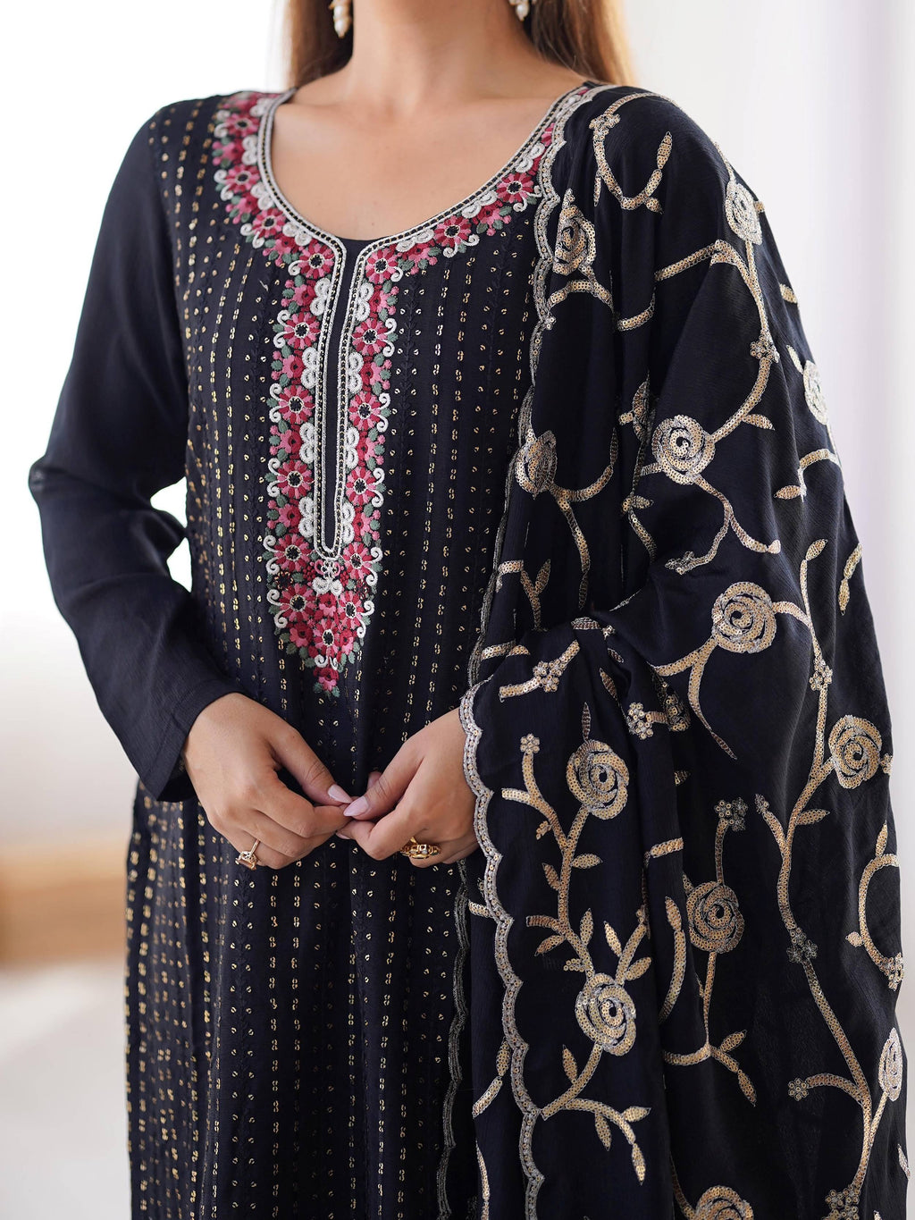 Black Lavishing Chinon Thread Embroidered Traditional Straight Suit