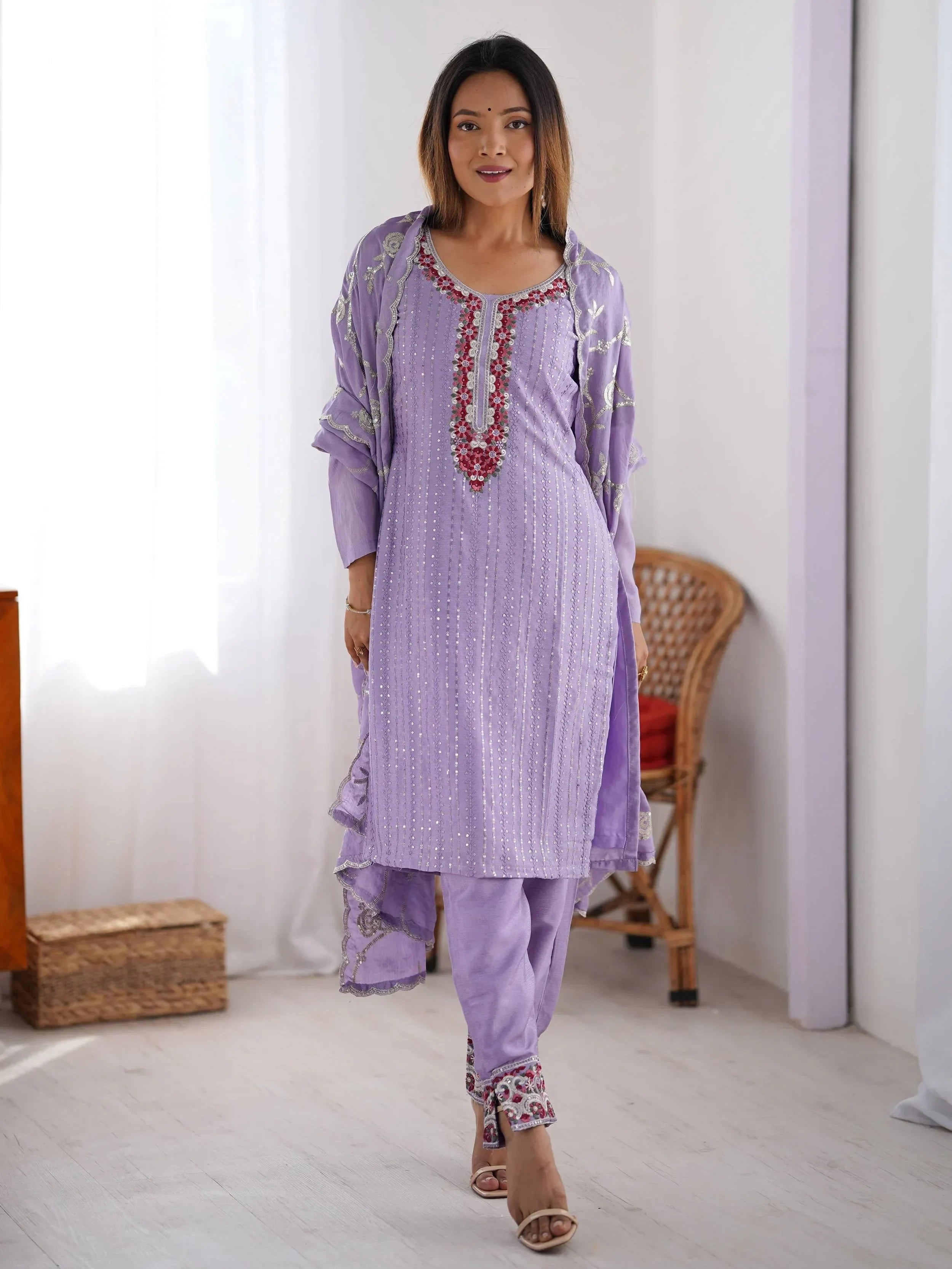 Lavender Lavishing Chinon Thread Embroidered Traditional Straight Suit