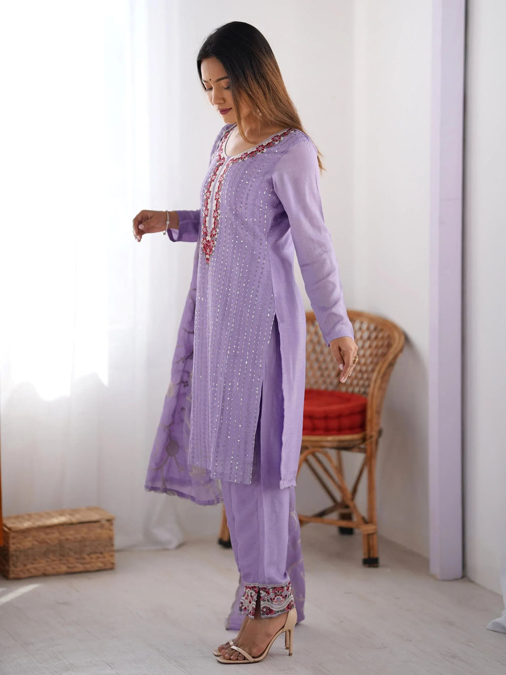 Lavender Lavishing Chinon Thread Embroidered Traditional Straight Suit