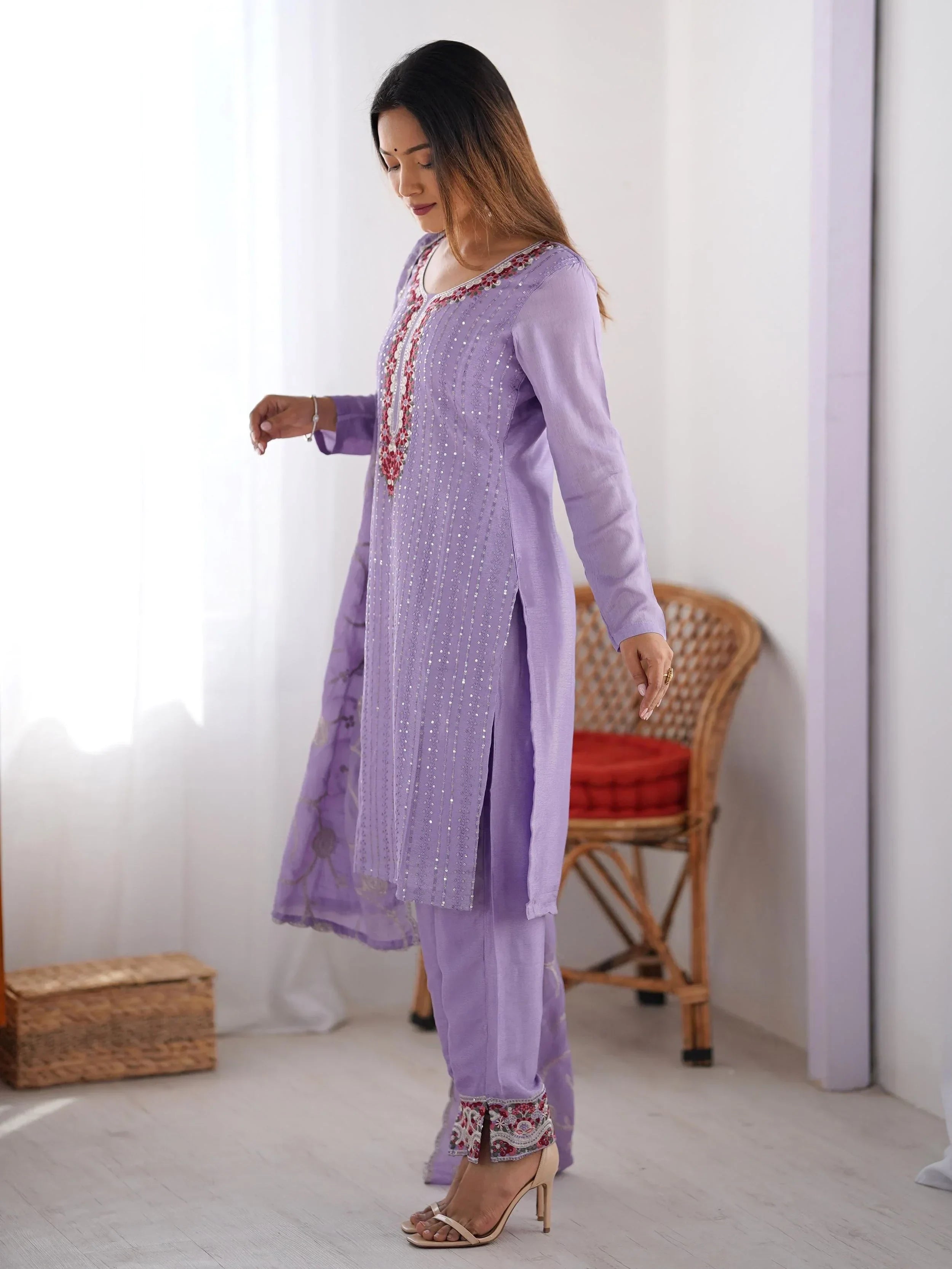 Lavender Lavishing Chinon Thread Embroidered Traditional Straight Suit