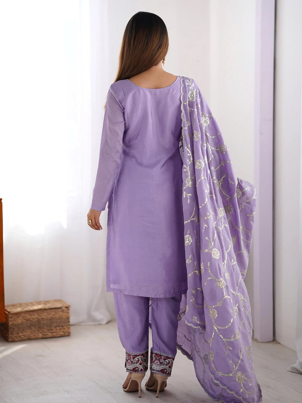 Lavender Lavishing Chinon Thread Embroidered Traditional Straight Suit