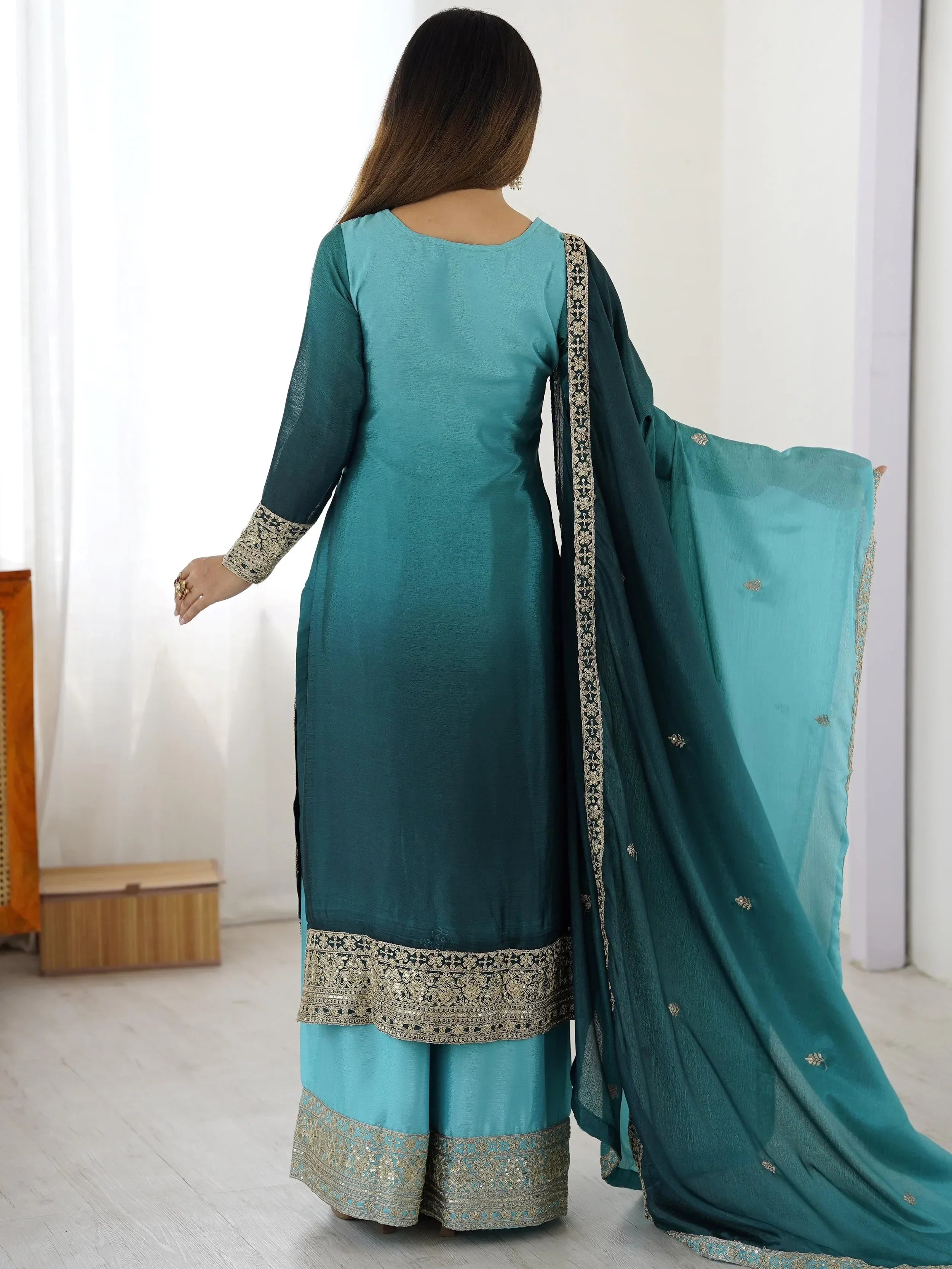 Impressive Blue Thread Embroidered Chinon Wedding Wear Sharara Suit
