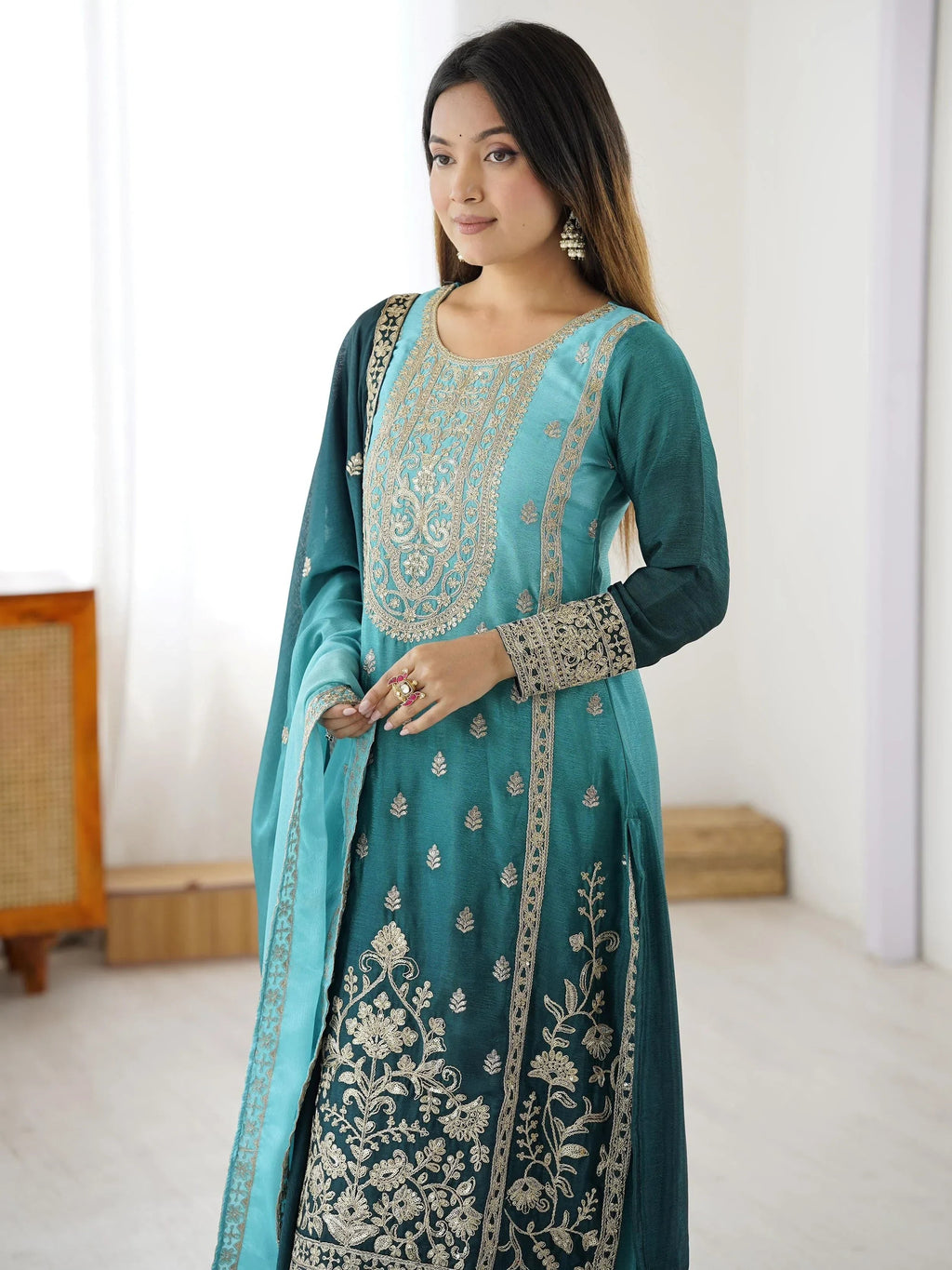 Impressive Blue Thread Embroidered Chinon Wedding Wear Sharara Suit