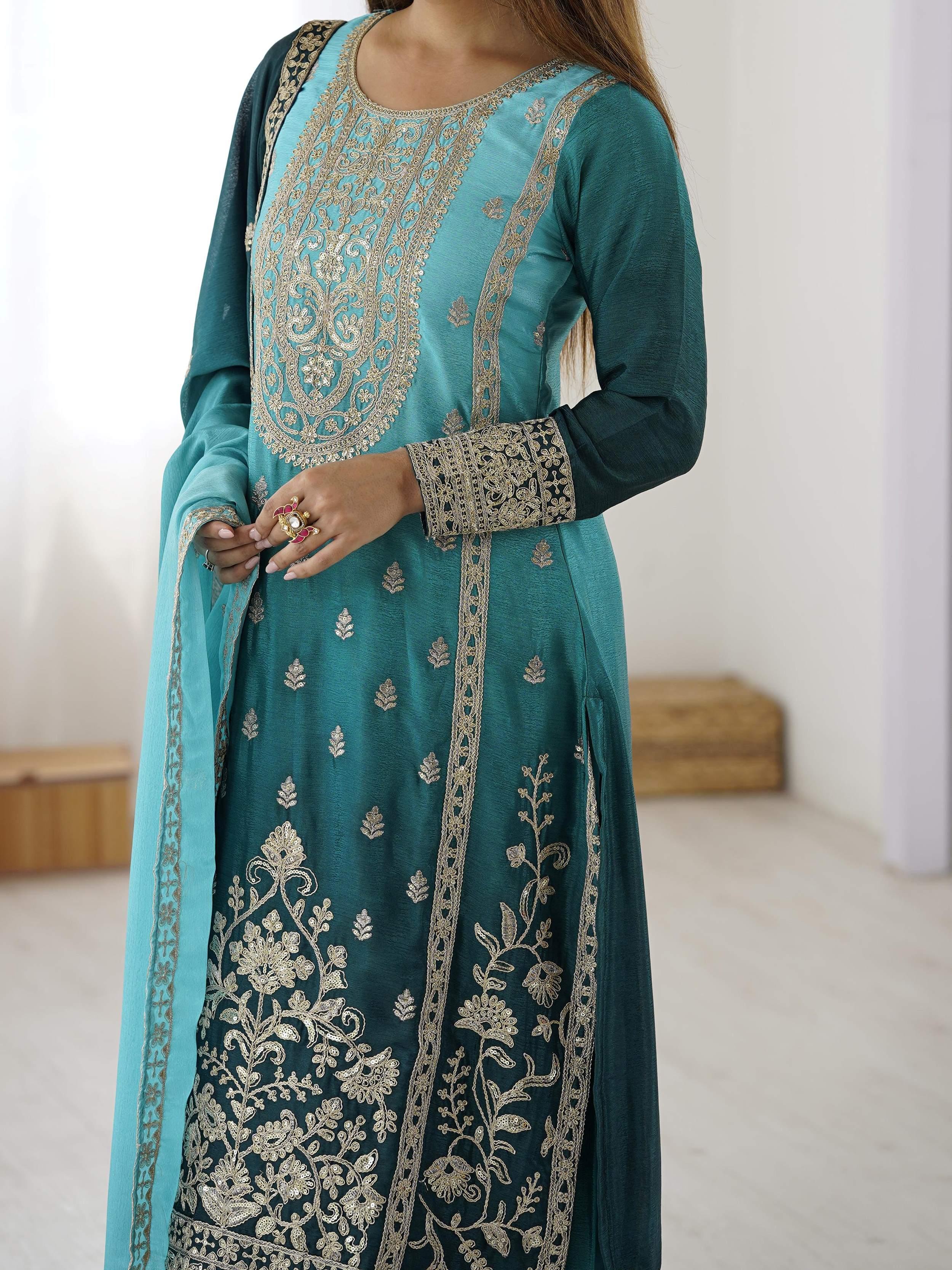 Impressive Blue Thread Embroidered Chinon Wedding Wear Sharara Suit
