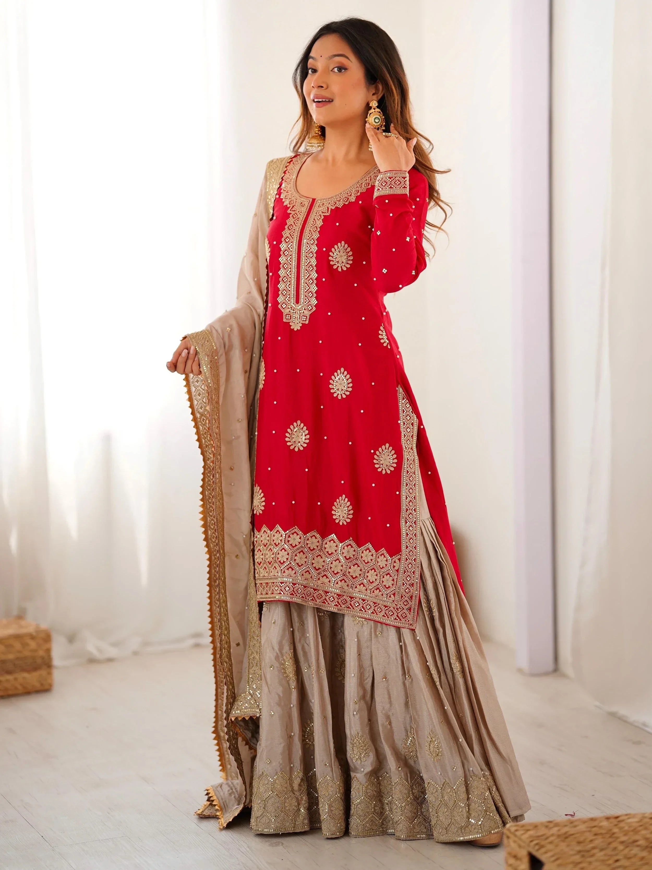 Red Gorgeous Embroidered Silk Festival Wear Sharara Suit With Dupatta